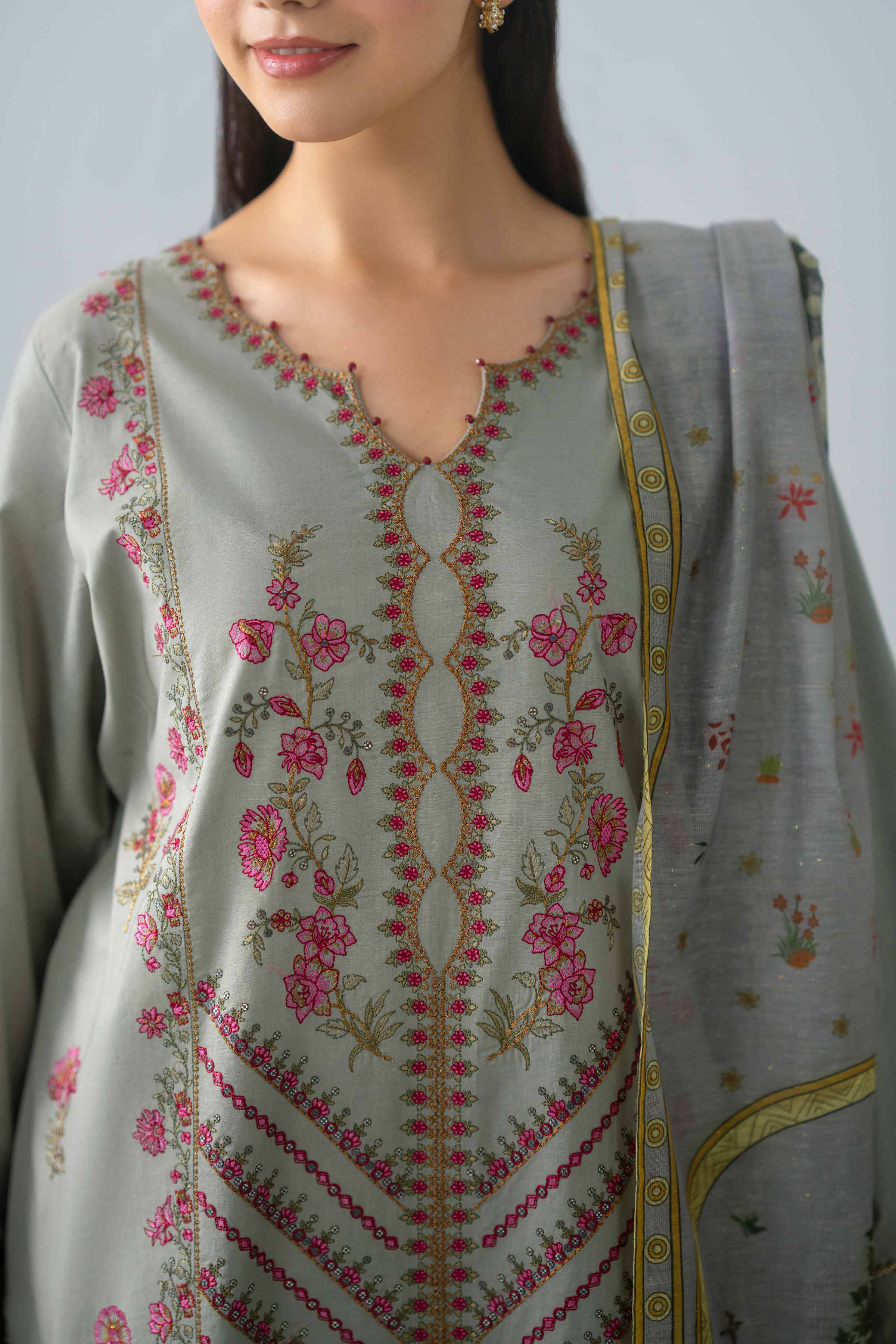 Nishat UK - Grey Embroidered Cambric 2 Piece ready to wear Dress