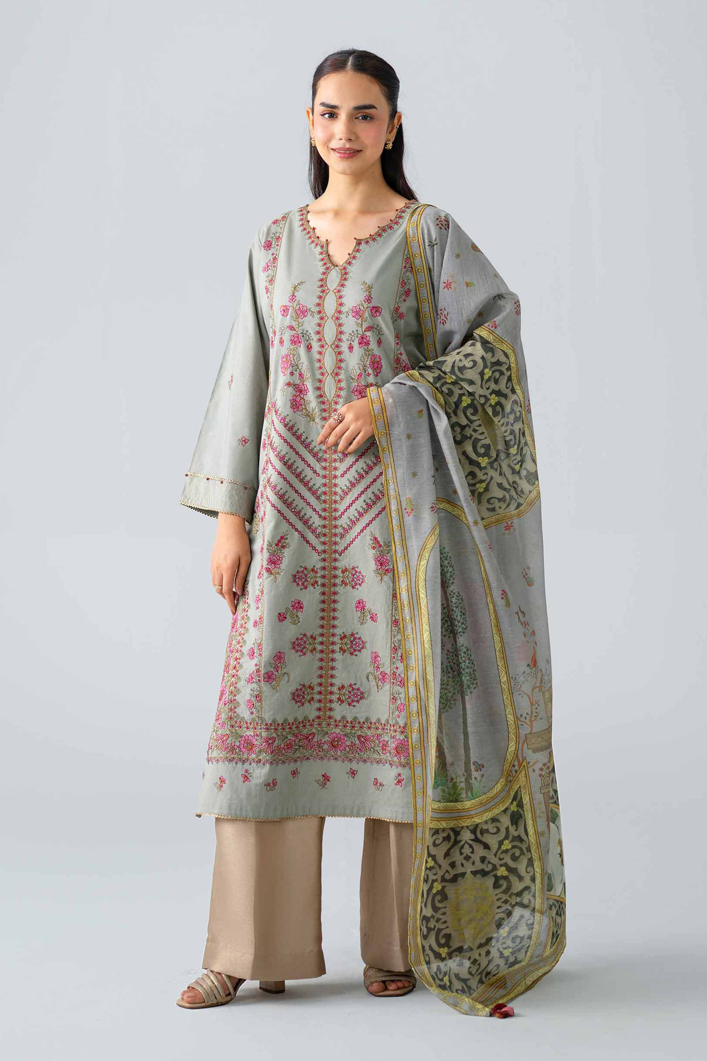 Nishat UK - Grey Embroidered Cambric 2 Piece ready to wear Dress