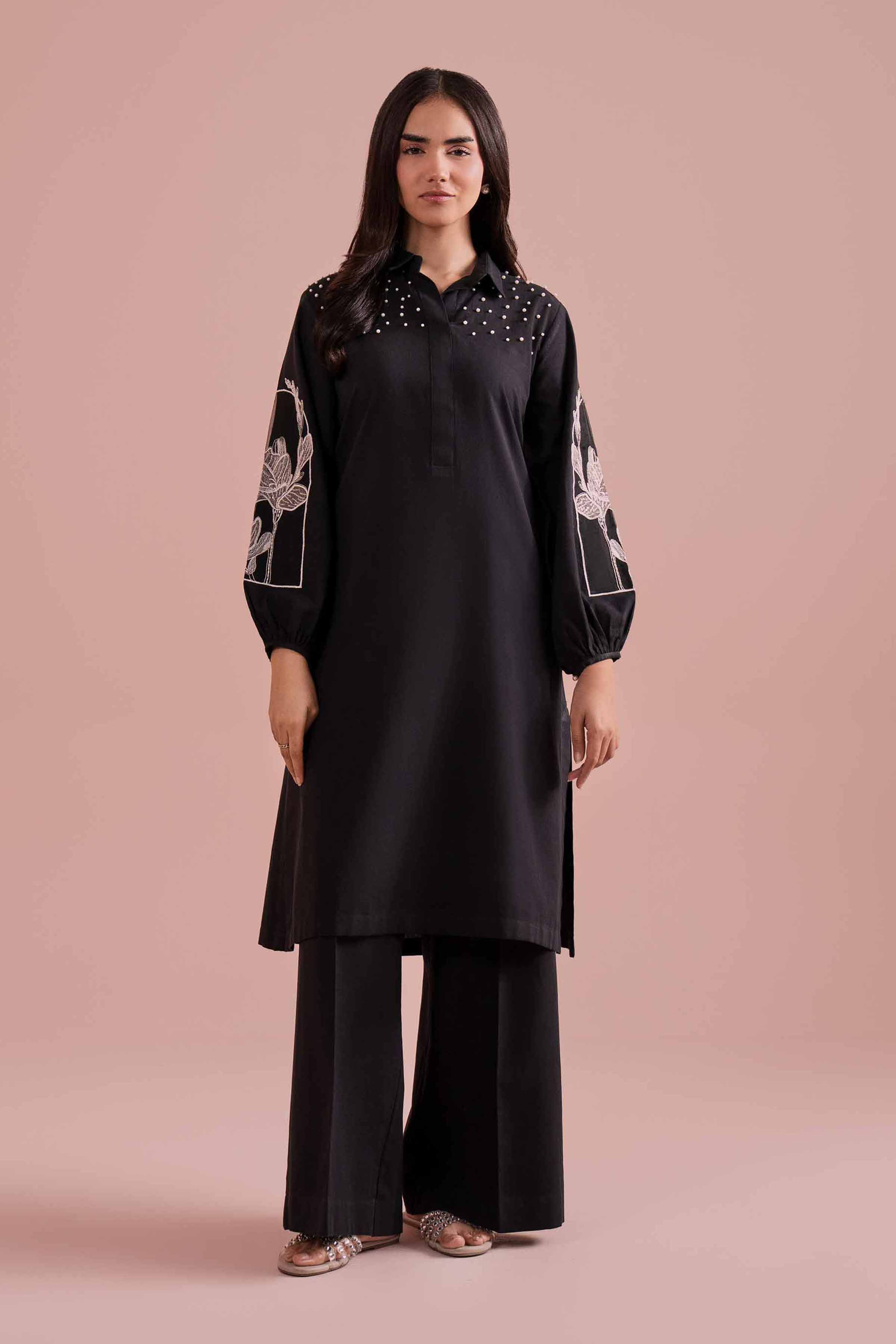 NishatUK - Black Embroidered Linen 2-piece ready to wear Dress