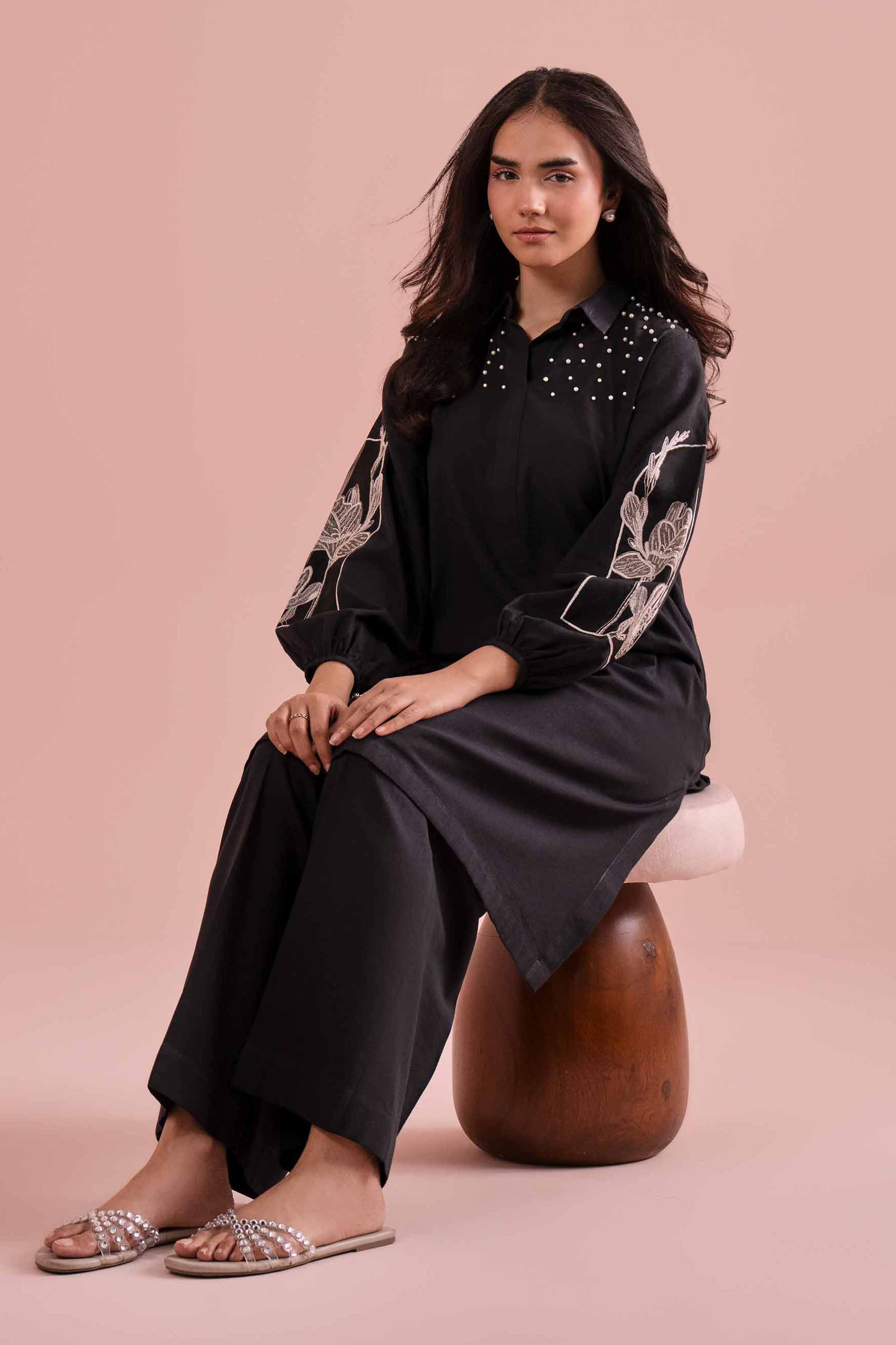 NishatUK - Black Embroidered Linen 2-piece ready to wear Dress