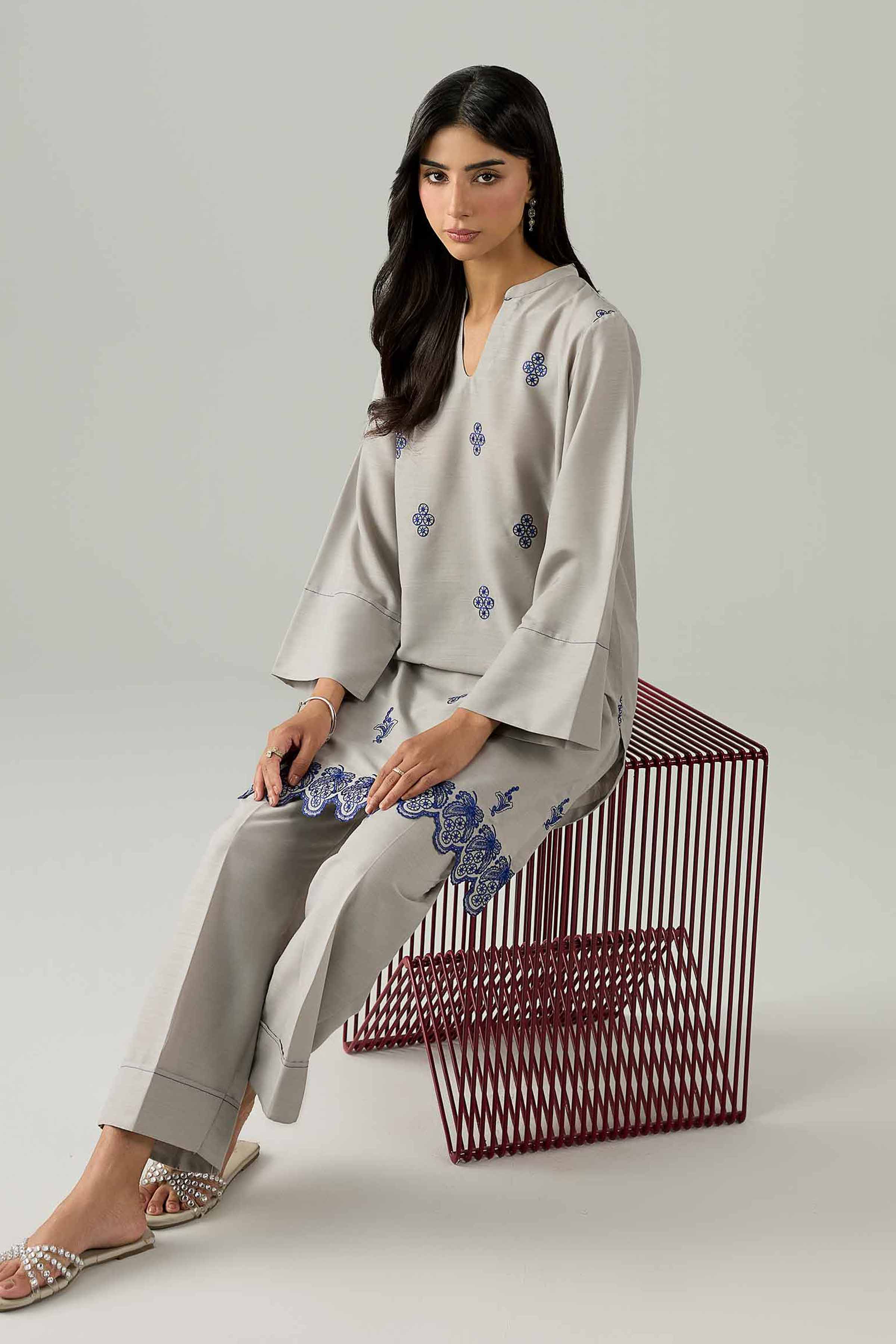 Nishat UK - Grey Embroidered Lawn 2 Piece ready to wear Dress