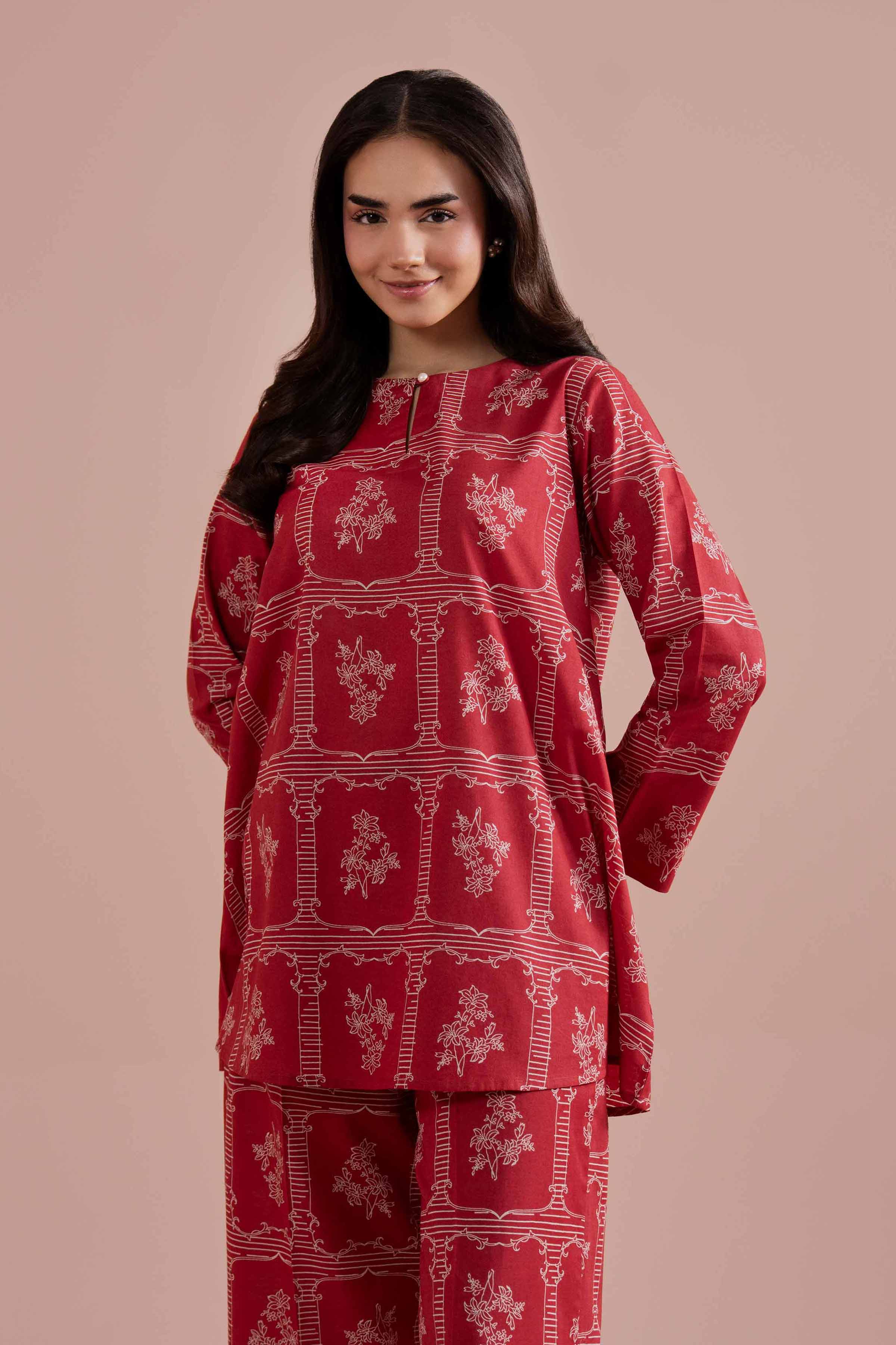 NishatUK - Red Printed Cambric 2-piece ready to wear Dress