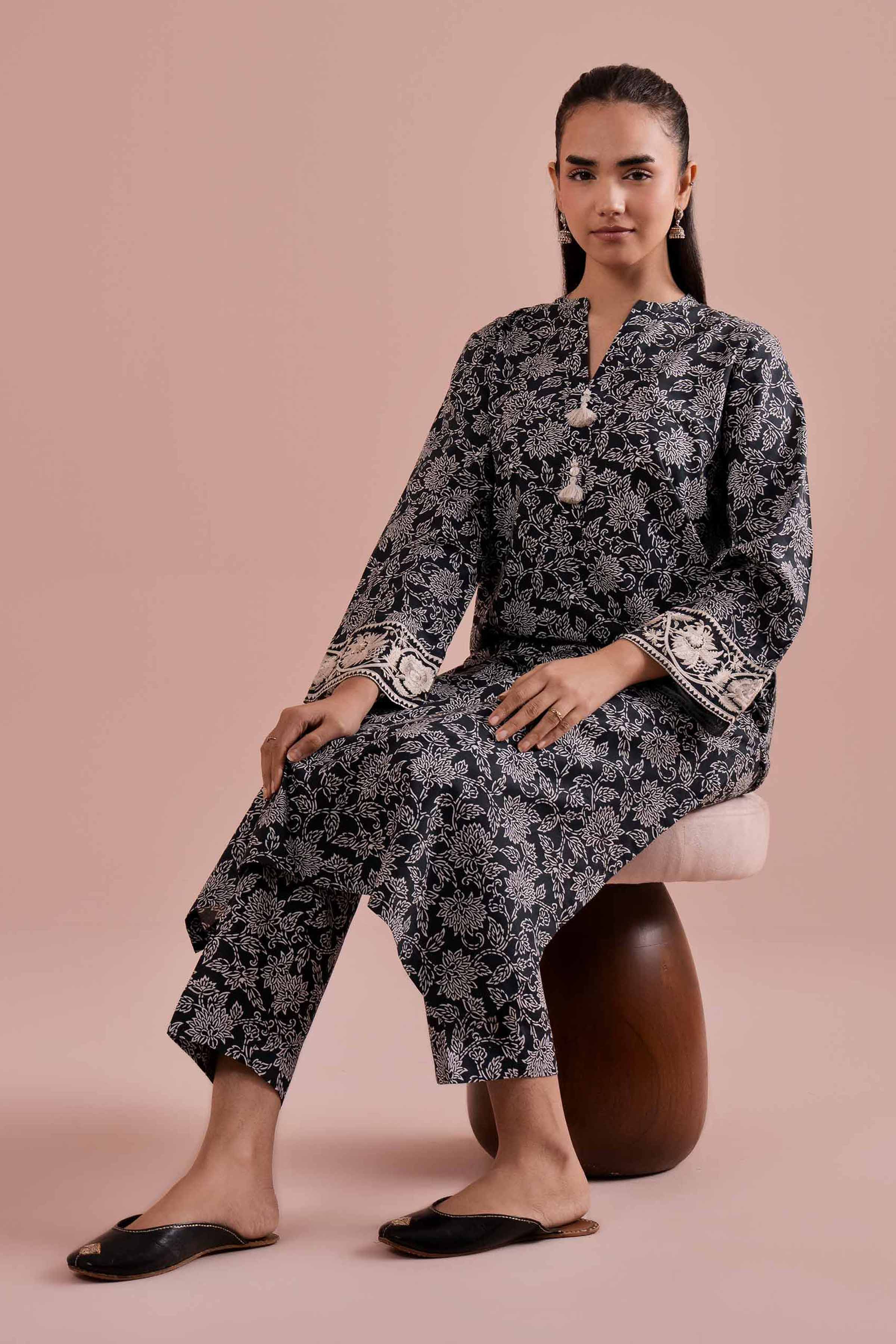 NishatUK - Black Embroidered Cambric 2-piece ready to wear Dress