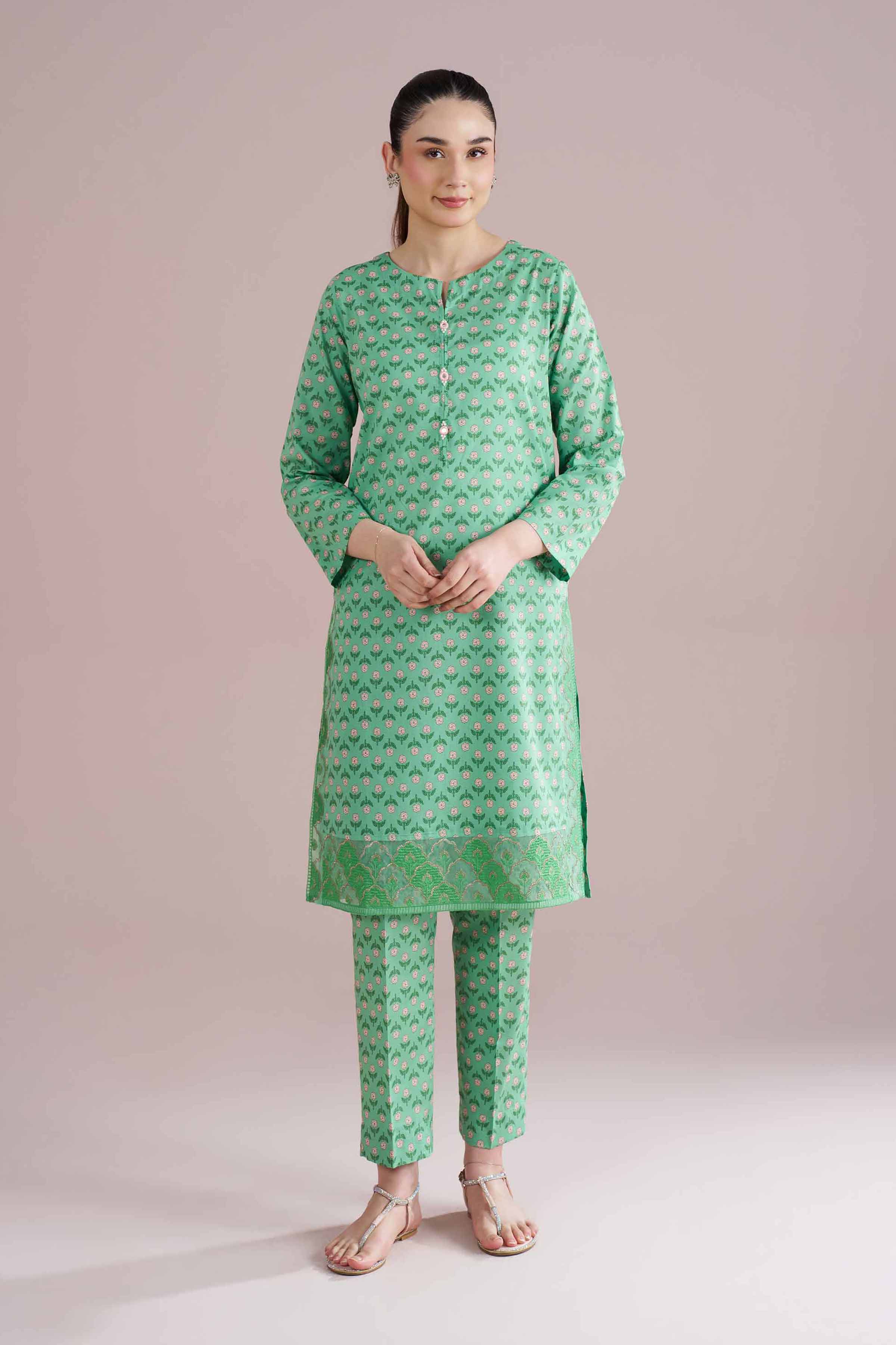 NishatUK - Green Embroidered Cambric 2-piece ready to wear Dress