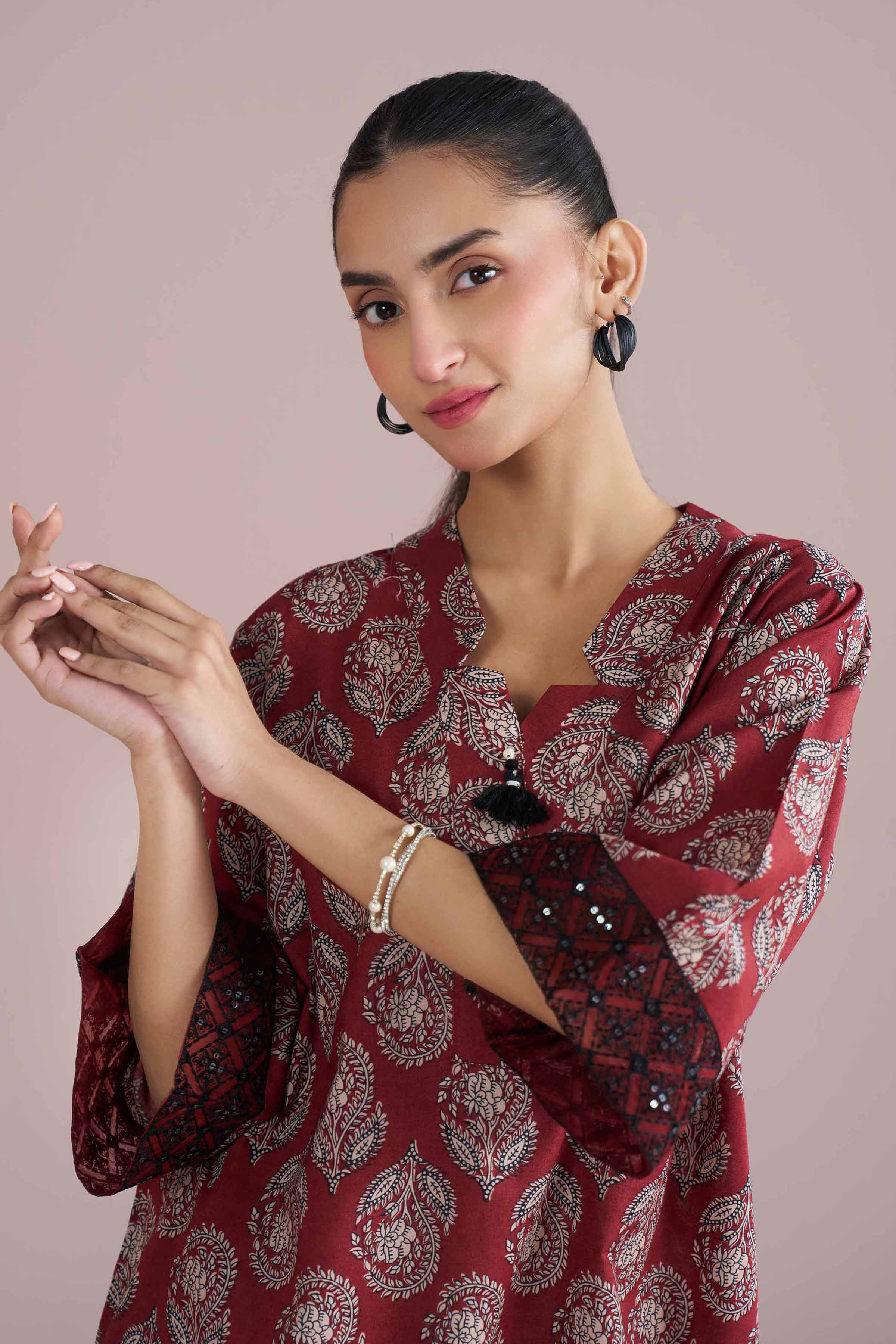 NishatUK - Red Embroidered Cambric 2-piece ready to wear Dress