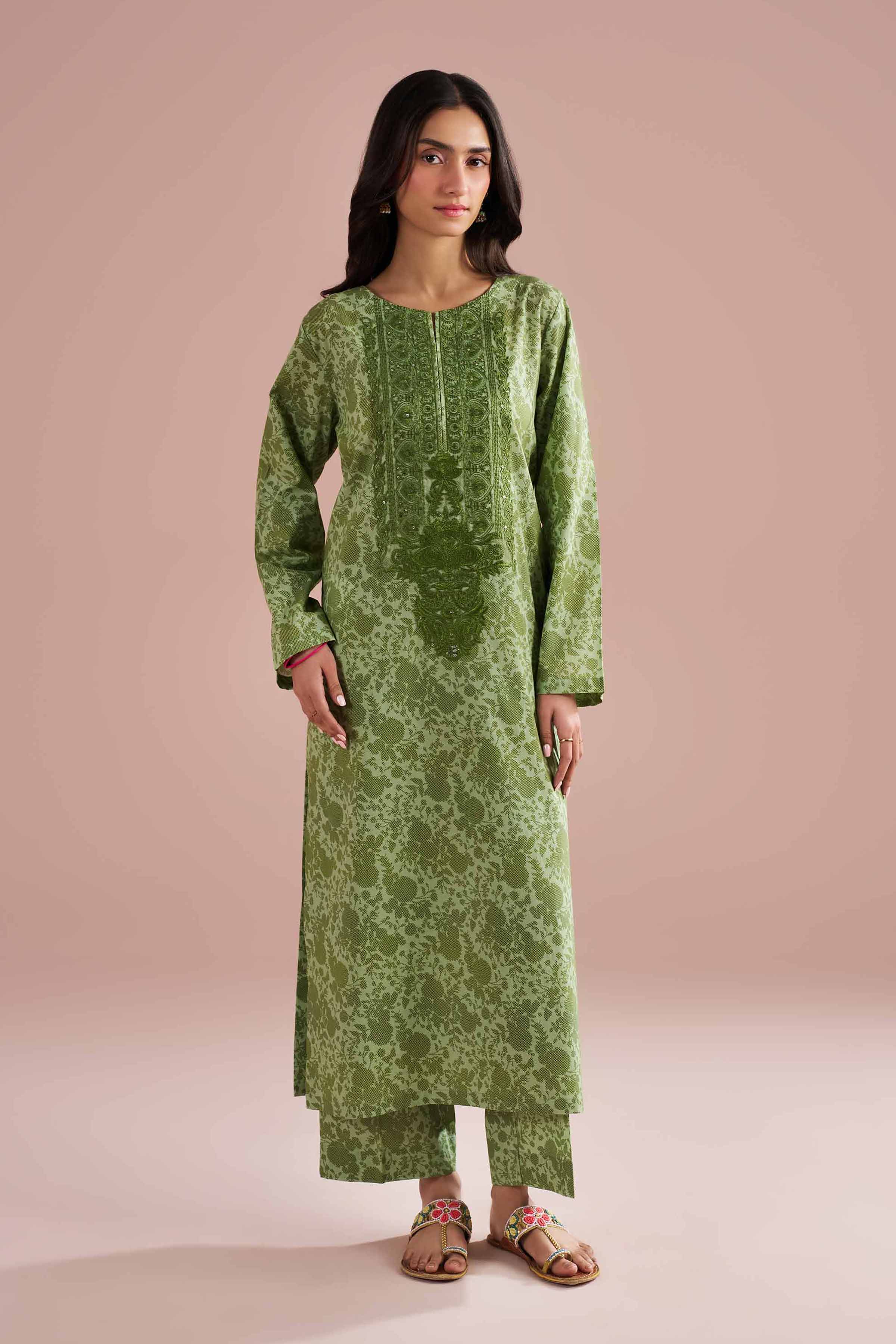 NishatUK - Green Embroidered Cambric 2-piece ready to wear Dress