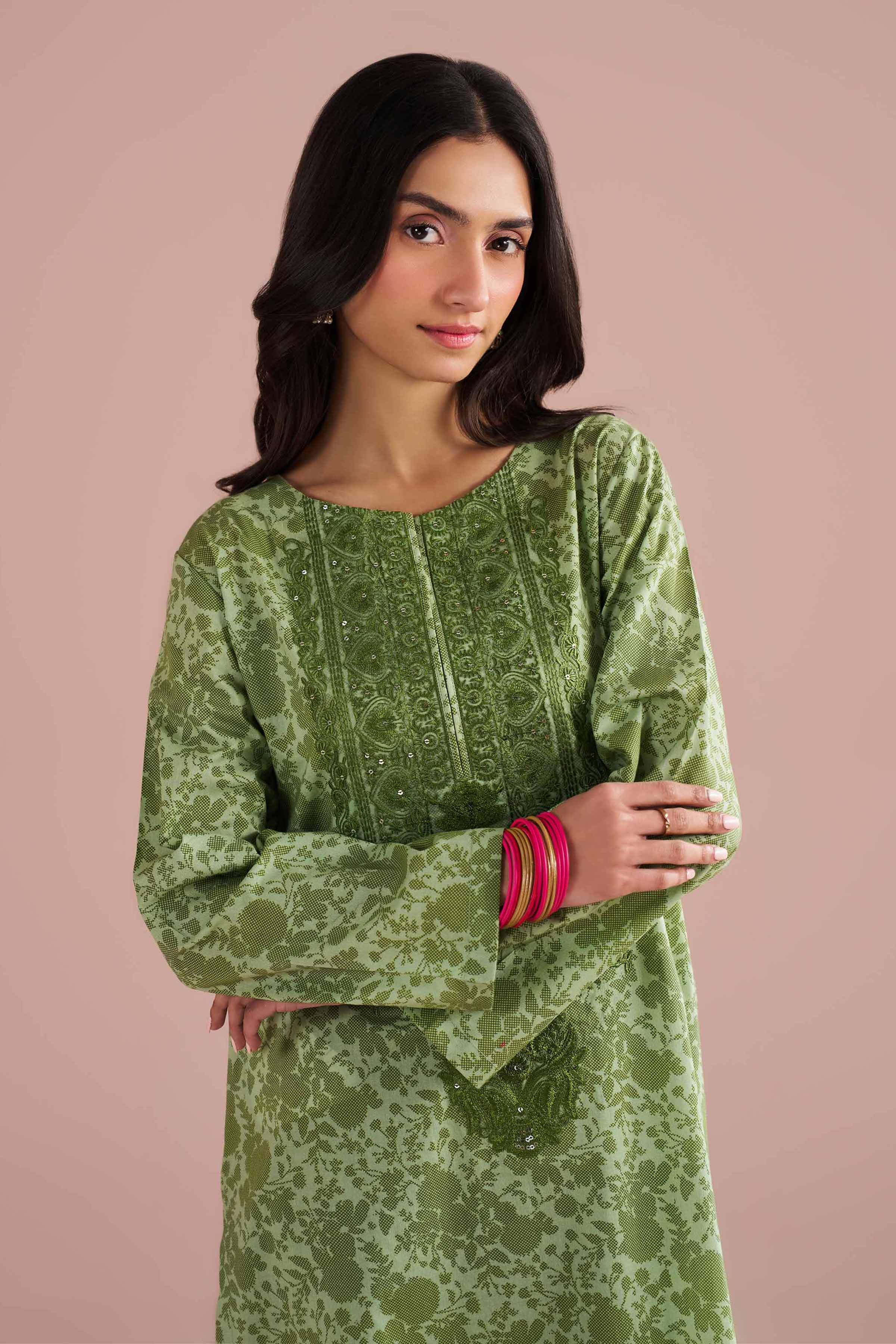 NishatUK - Green Embroidered Cambric 2-piece ready to wear Dress