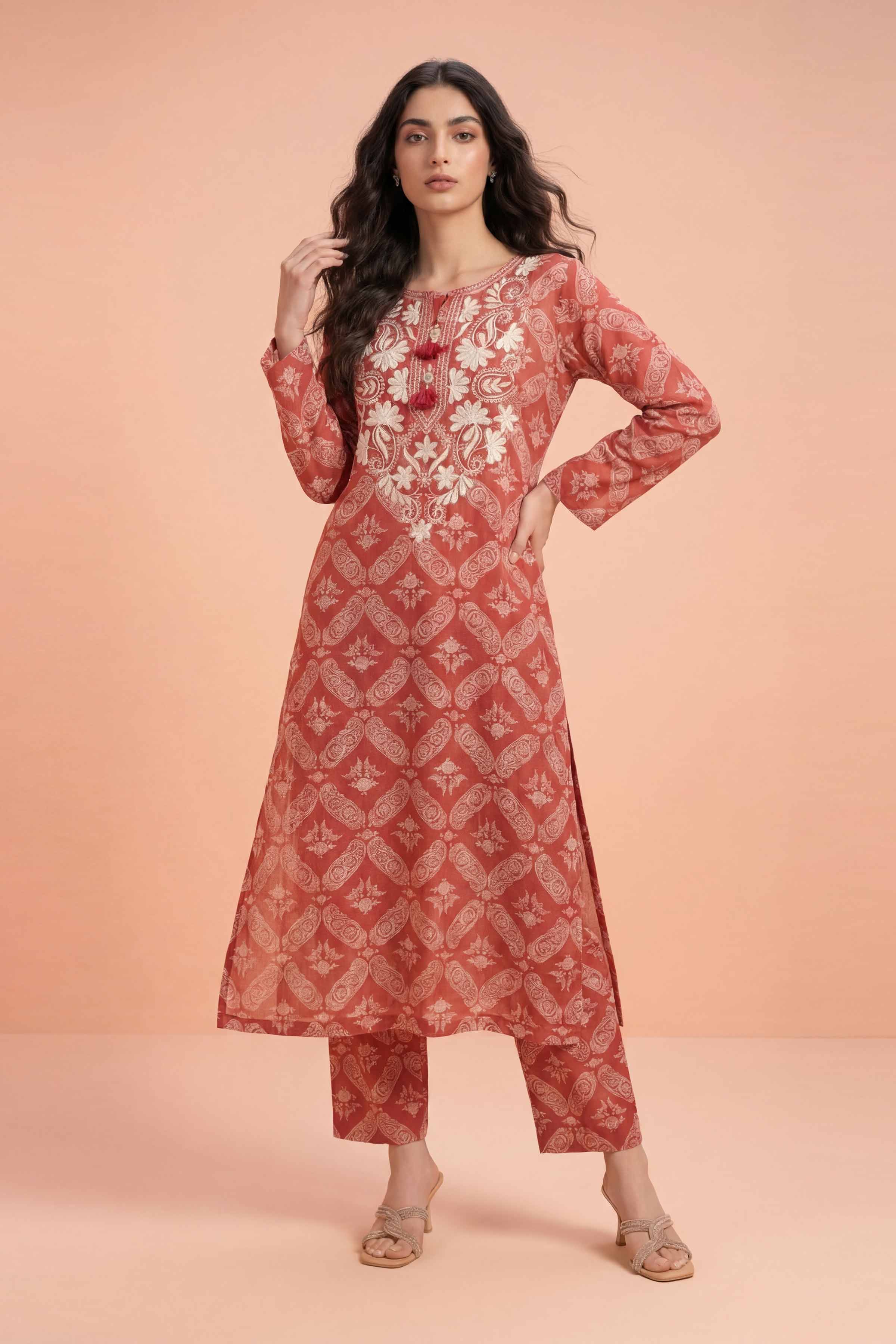 NishatUK - Orange Embroidered Cambric 2-piece ready to wear Dress