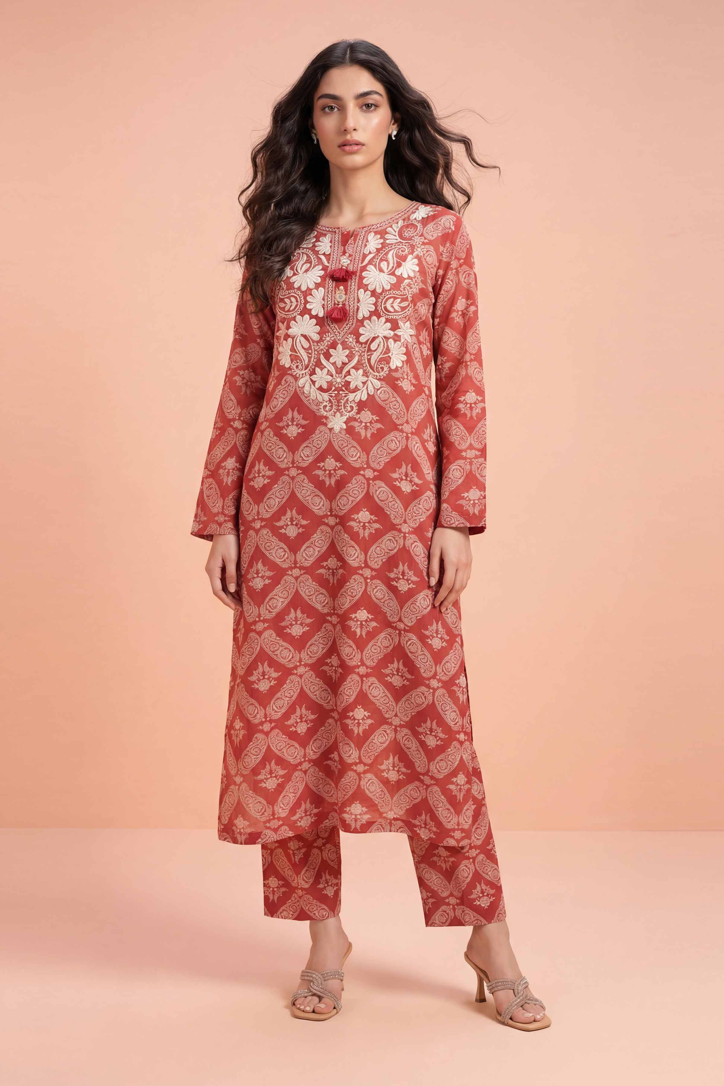 NishatUK - Orange Embroidered Cambric 2-piece ready to wear Dress