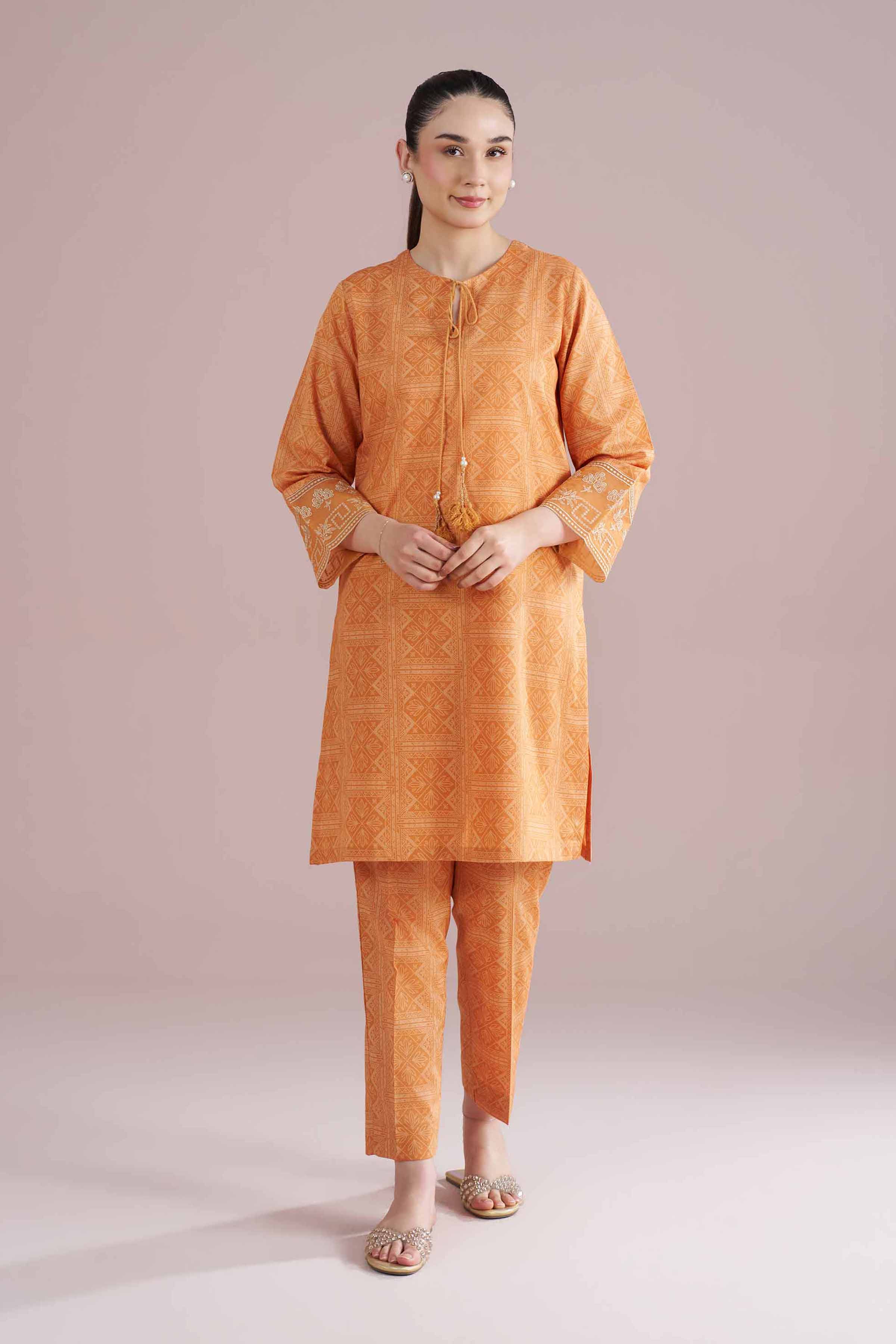 NishatUK - Orange Embroidered Cambric 2-piece ready to wear Dress