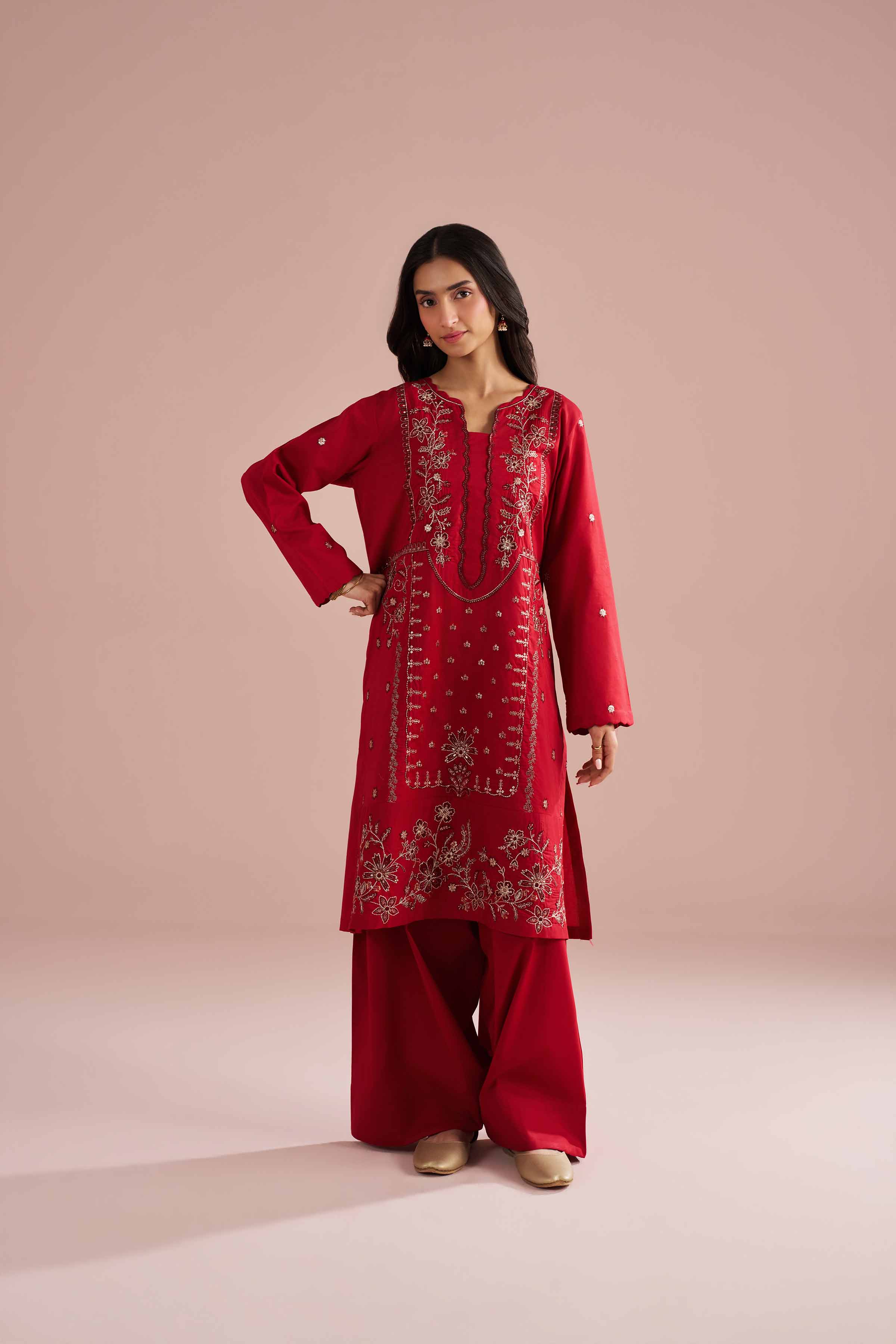 NishatUK - Red Embroidered Cambric 2-piece ready to wear Dress