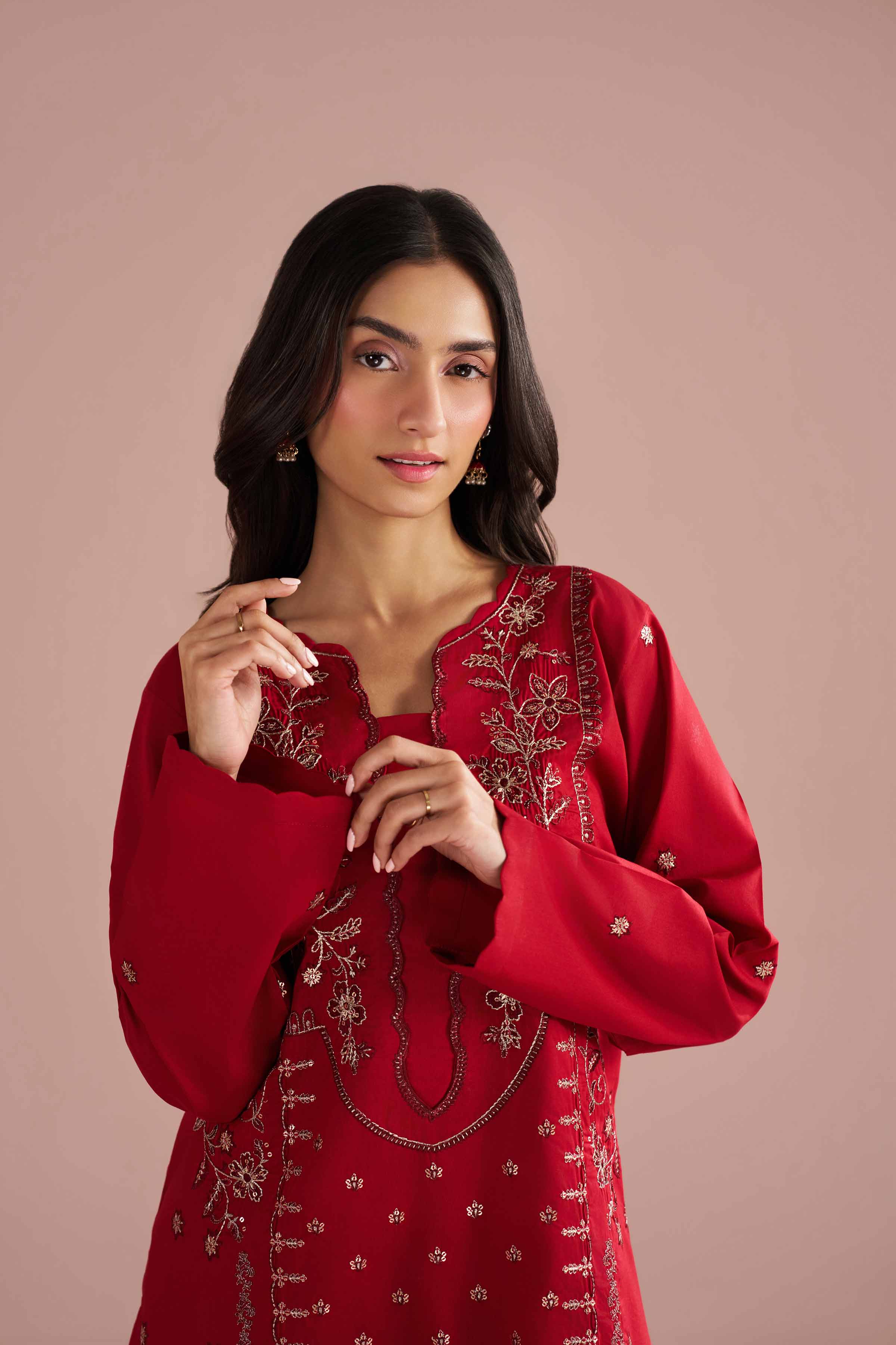 NishatUK - Red Embroidered Cambric 2-piece ready to wear Dress