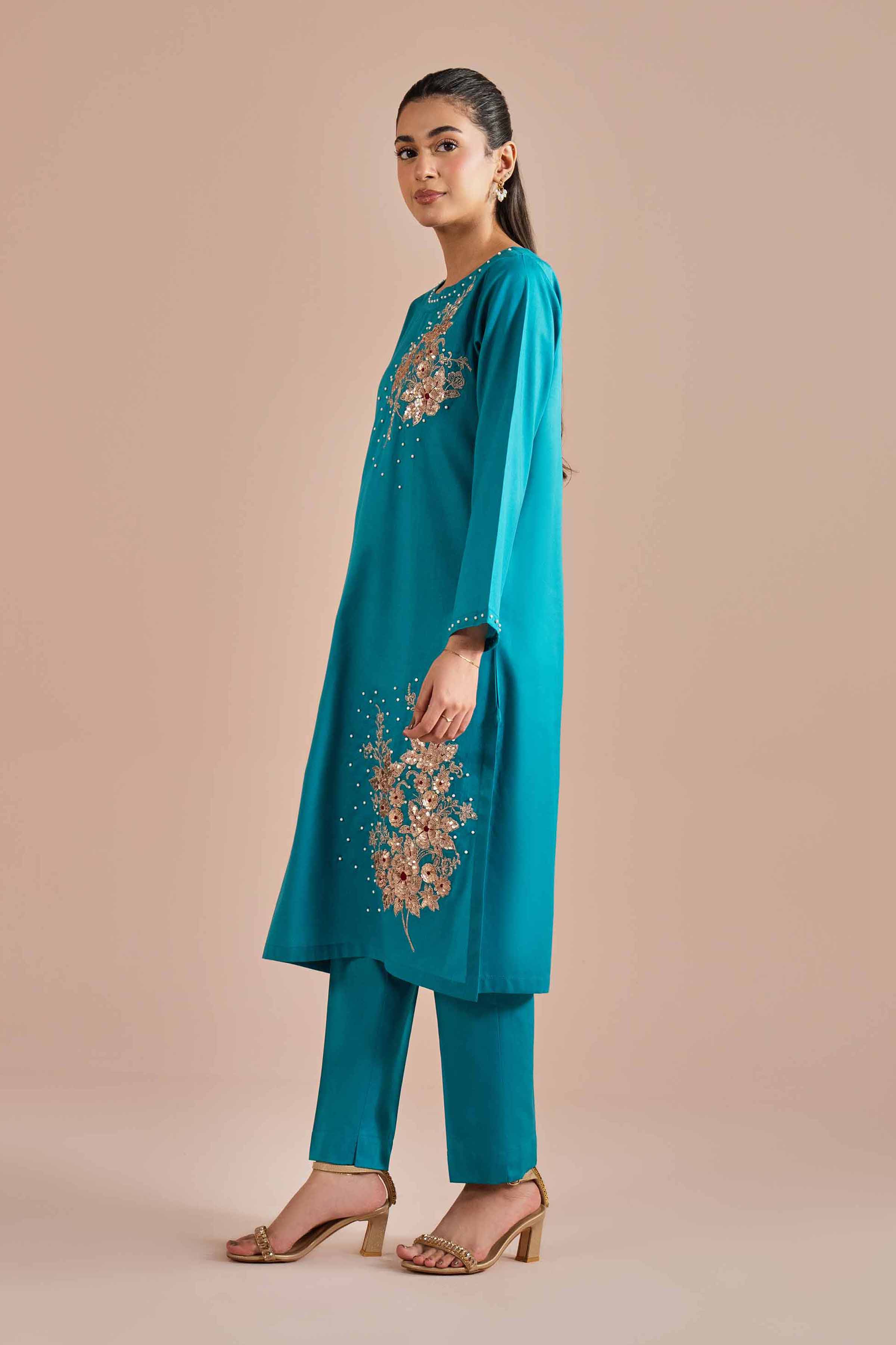 NishatUK - Blue Embroidered Cotton 2-piece ready to wear Dress