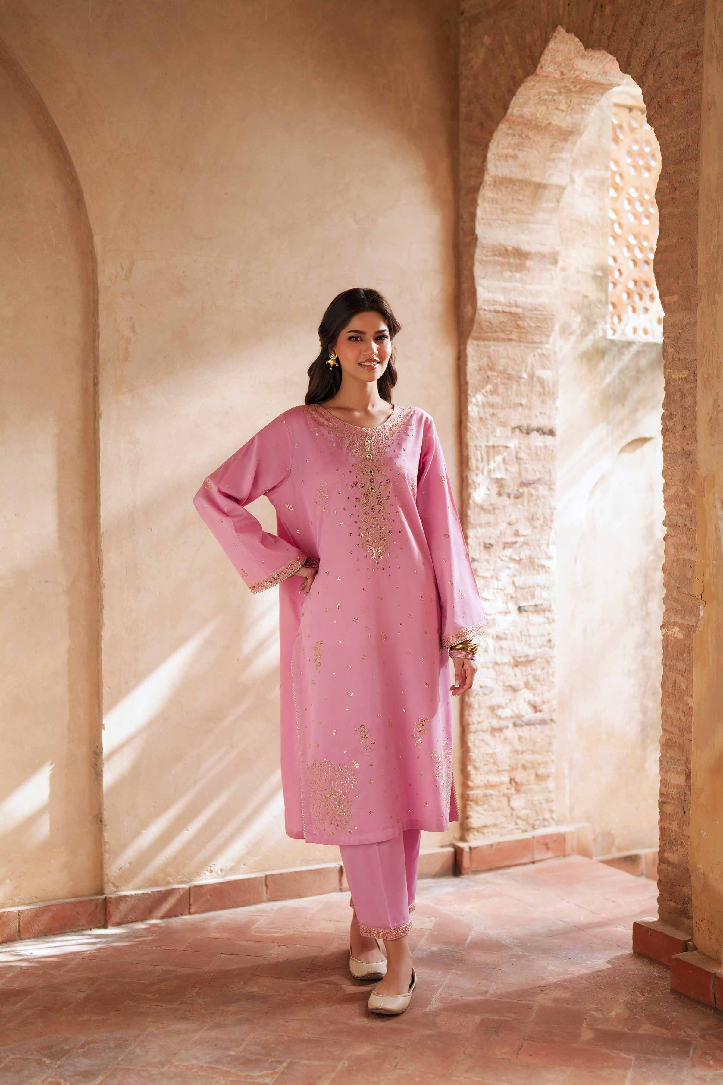 NishatUK - Pink Embroidered Cotton 2-piece ready to wear Dress