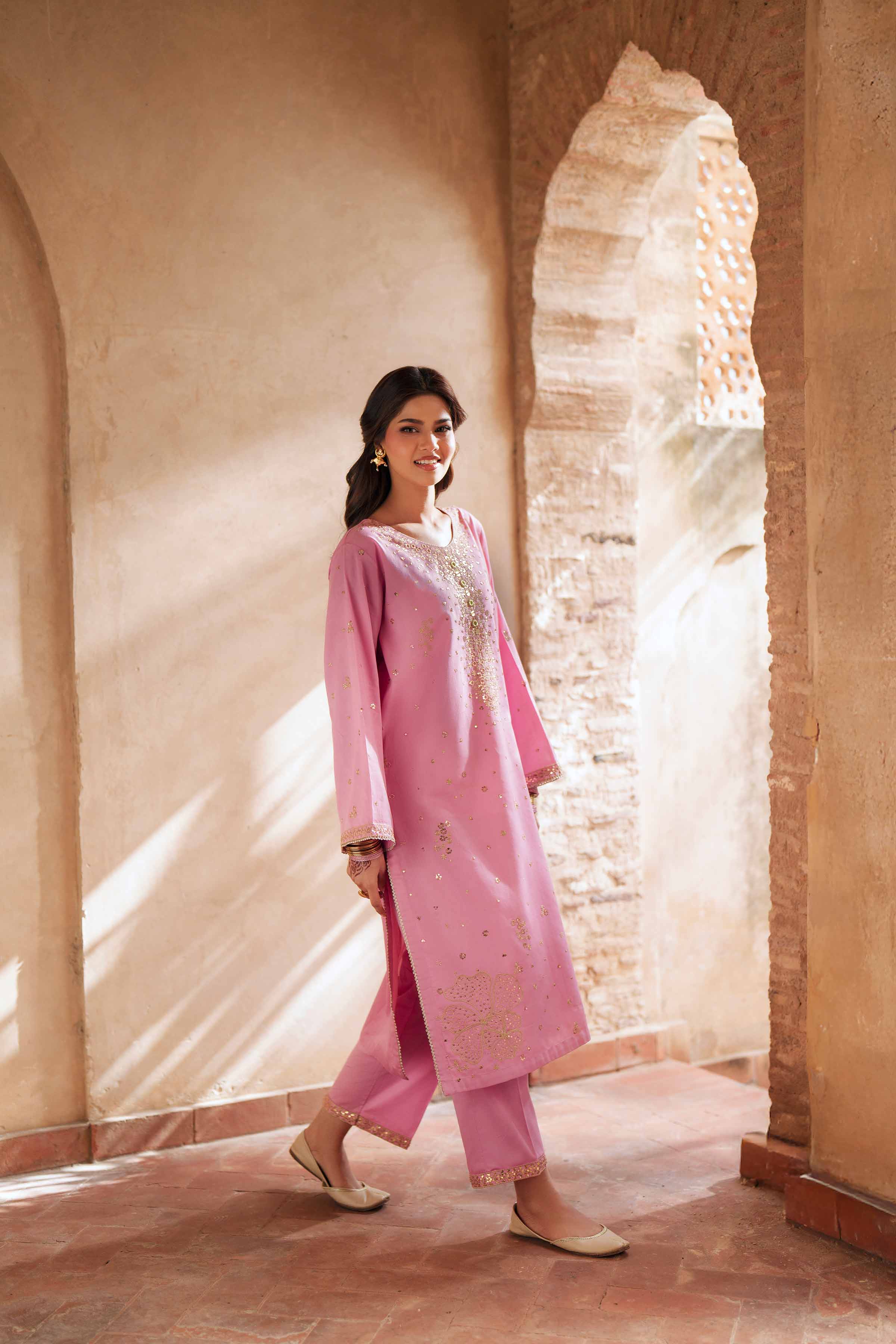 NishatUK - Pink Embroidered Cotton 2-piece ready to wear Dress
