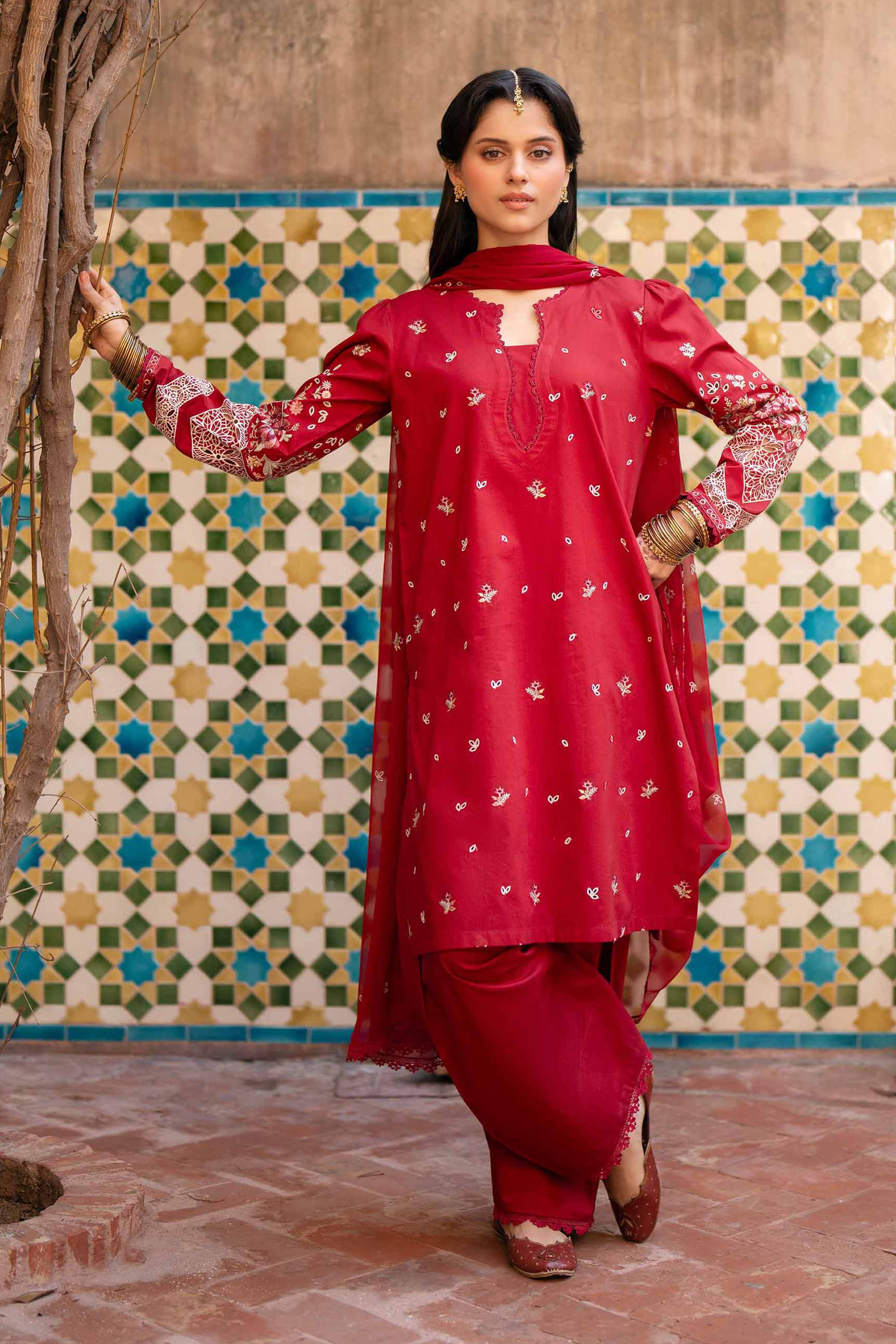 NishatUK - Red Embroidered Cambric  ready to wear Suit