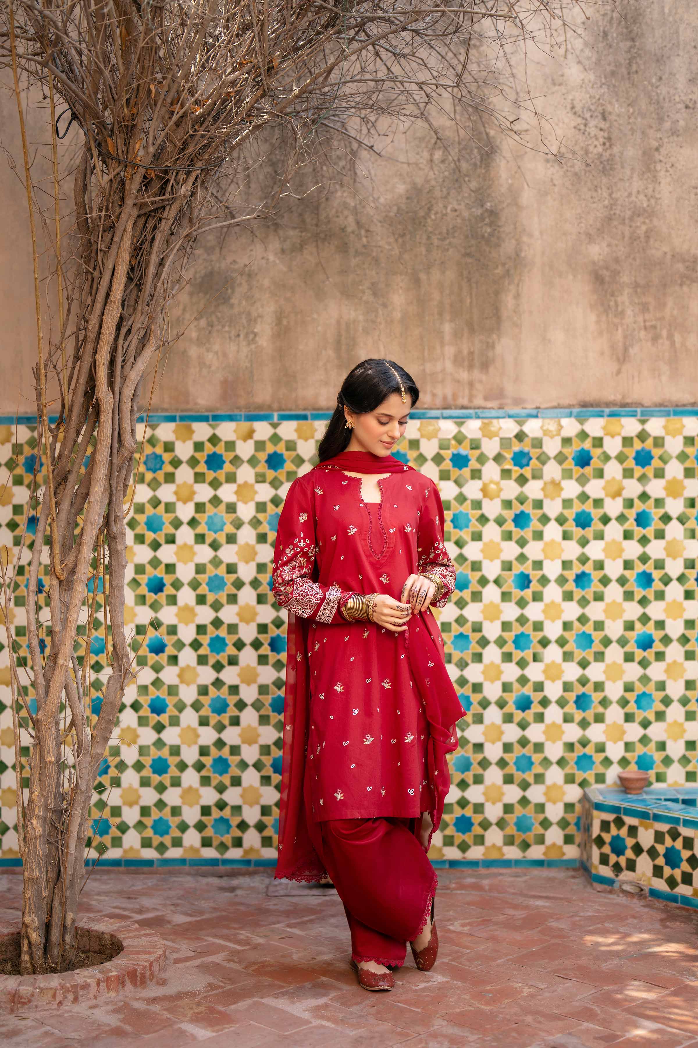 NishatUK - Red Embroidered Cambric  ready to wear Suit