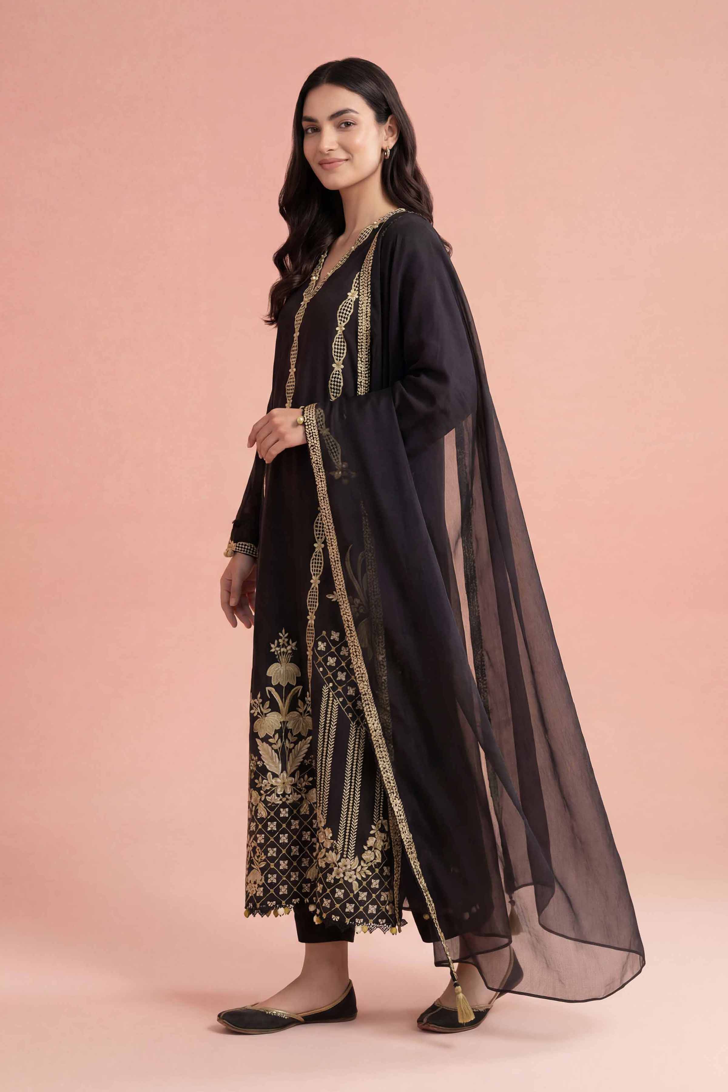 NishatUK - Black Embroidered Cambric 3-piece ready to wear Suit