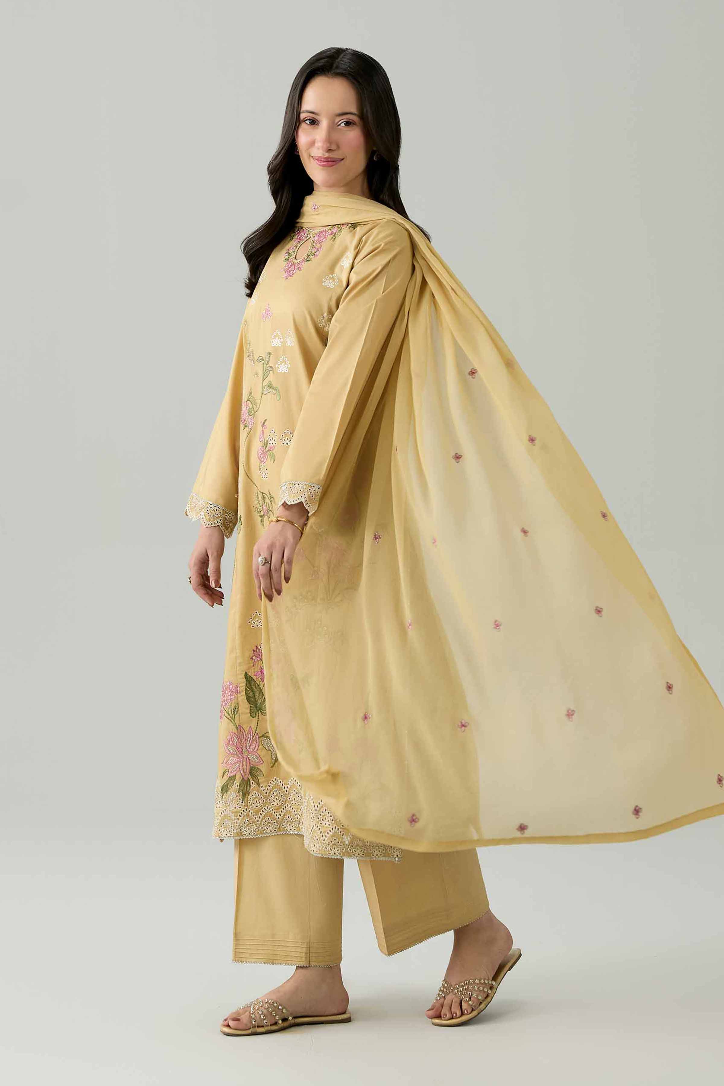 Nishat UK - Beige Embroidered Cambric 3 Pieces ready to wear Suit