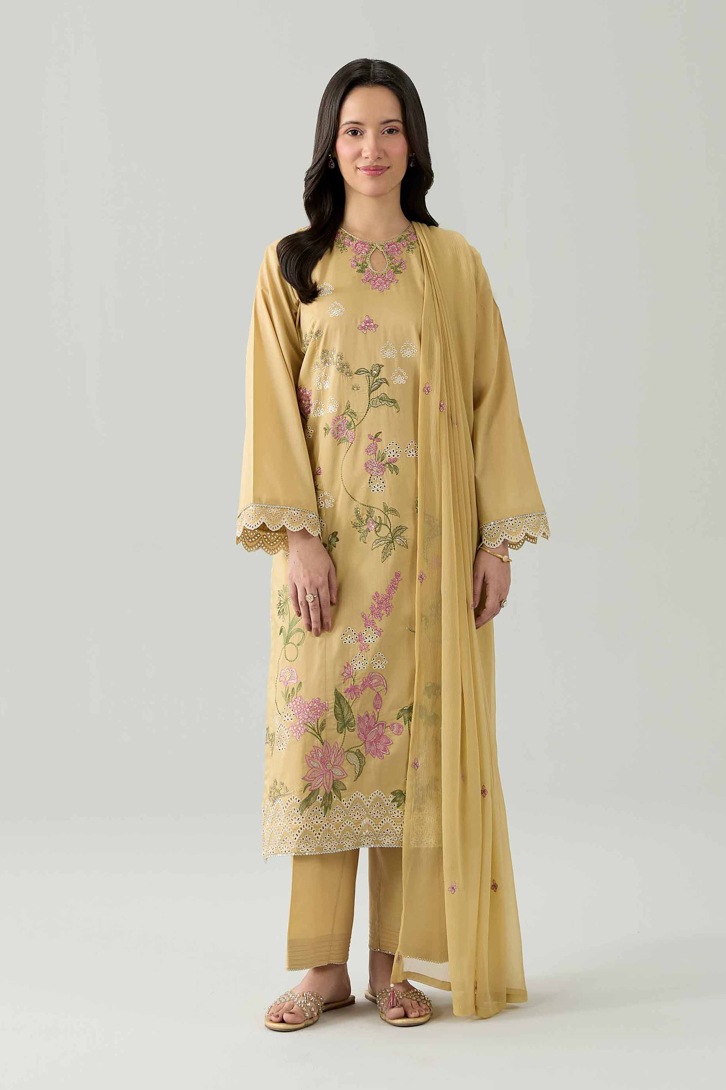 Nishat UK - Beige Embroidered Cambric 3 Pieces ready to wear Suit