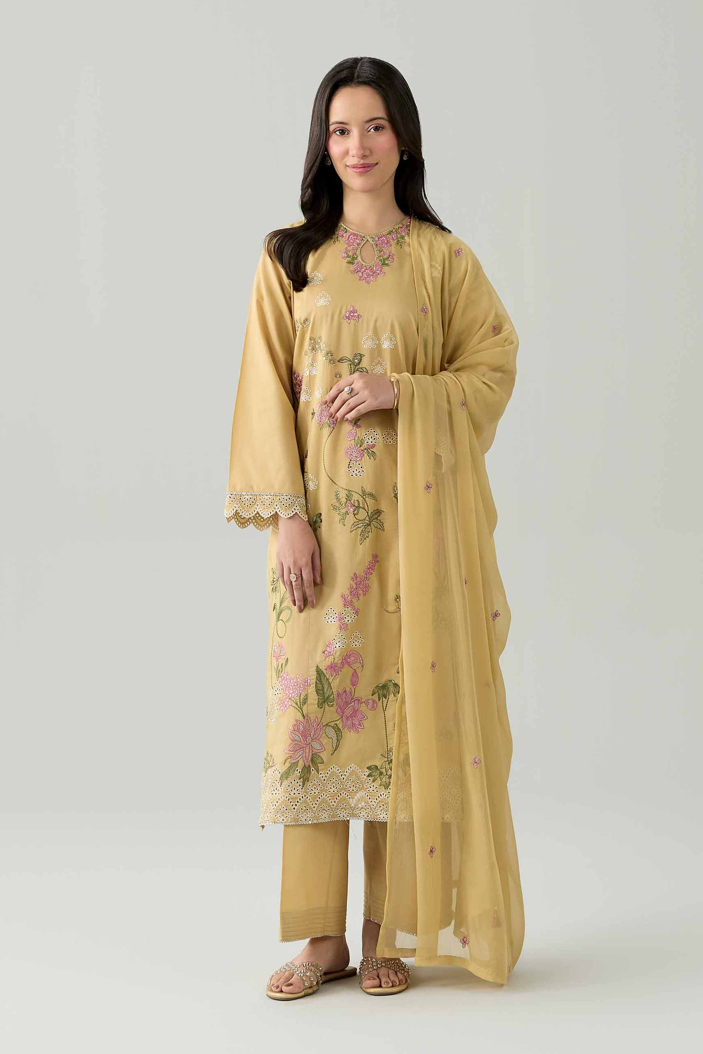 Nishat UK - Beige Embroidered Cambric 3 Pieces ready to wear Suit