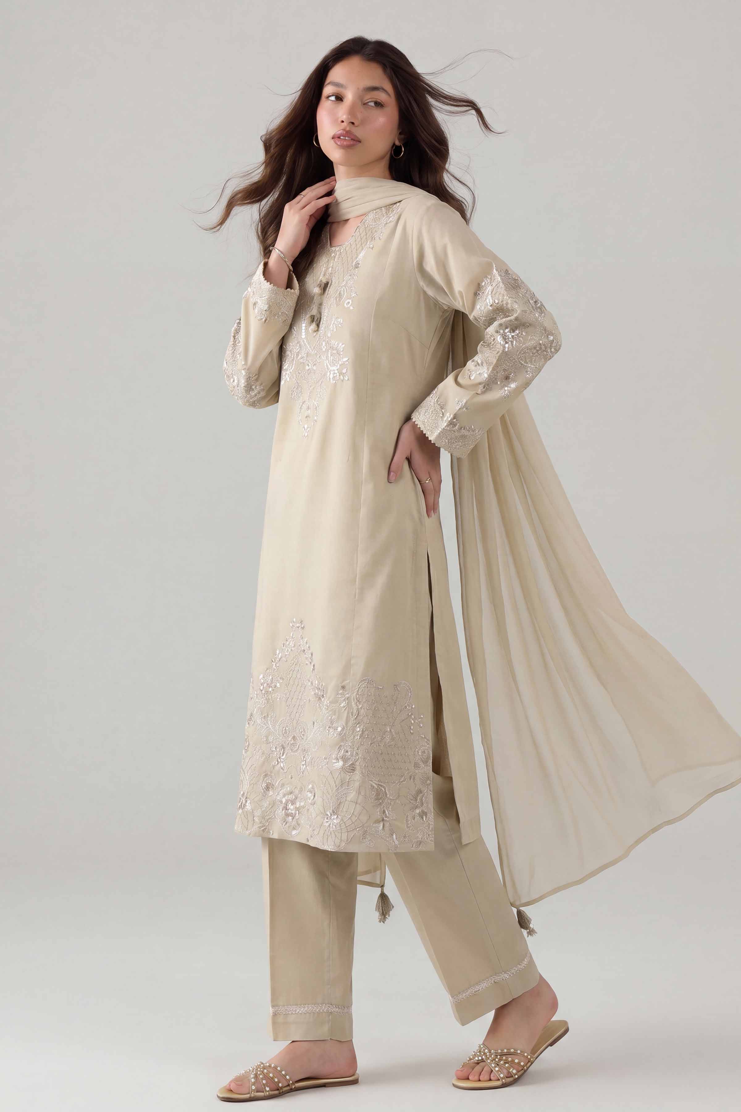 Nishat UK - Beige Embroidered Cambic 3 Pieces ready to wear Suit