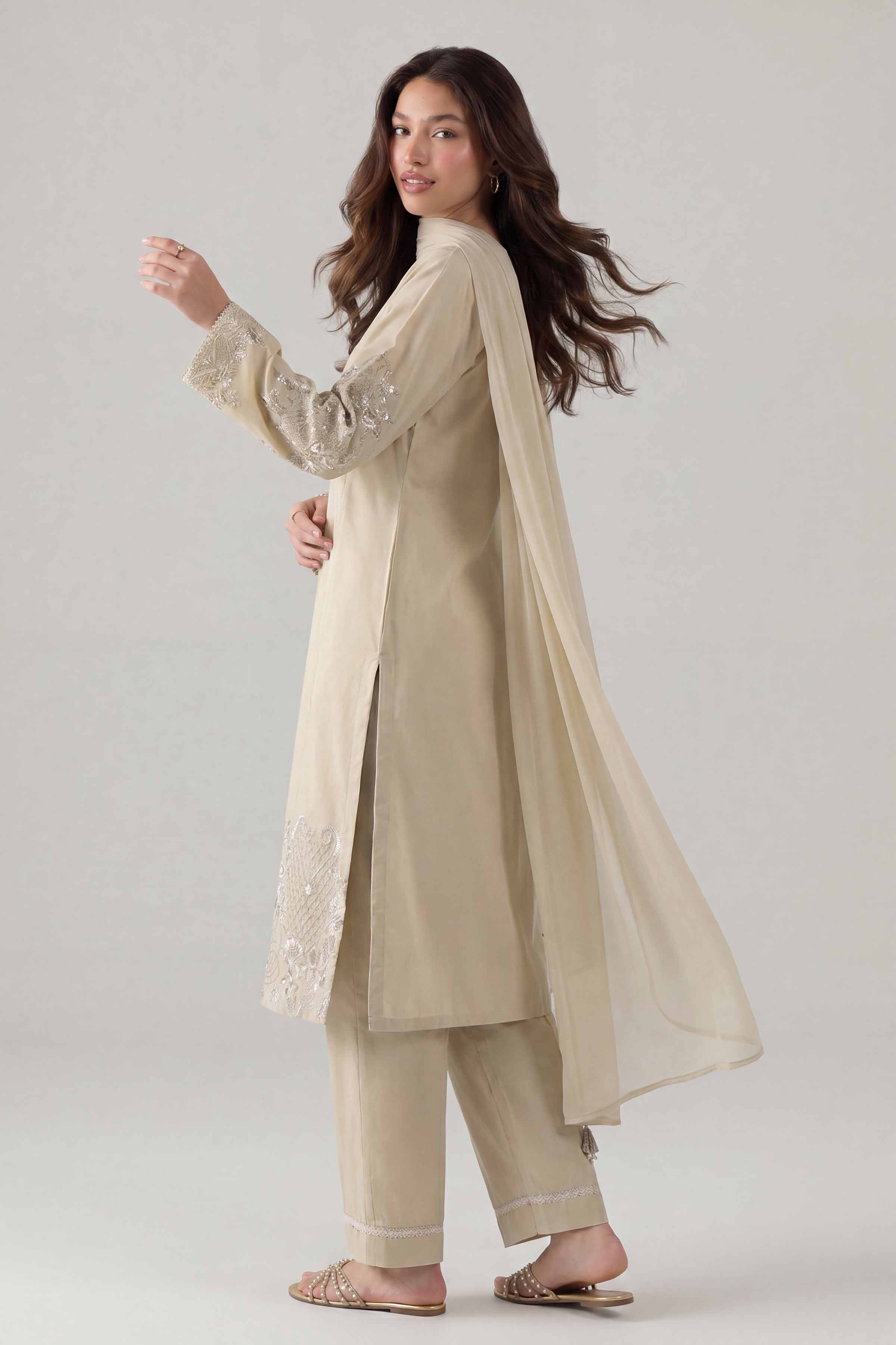 Nishat UK - Beige Embroidered Cambic 3 Pieces ready to wear Suit