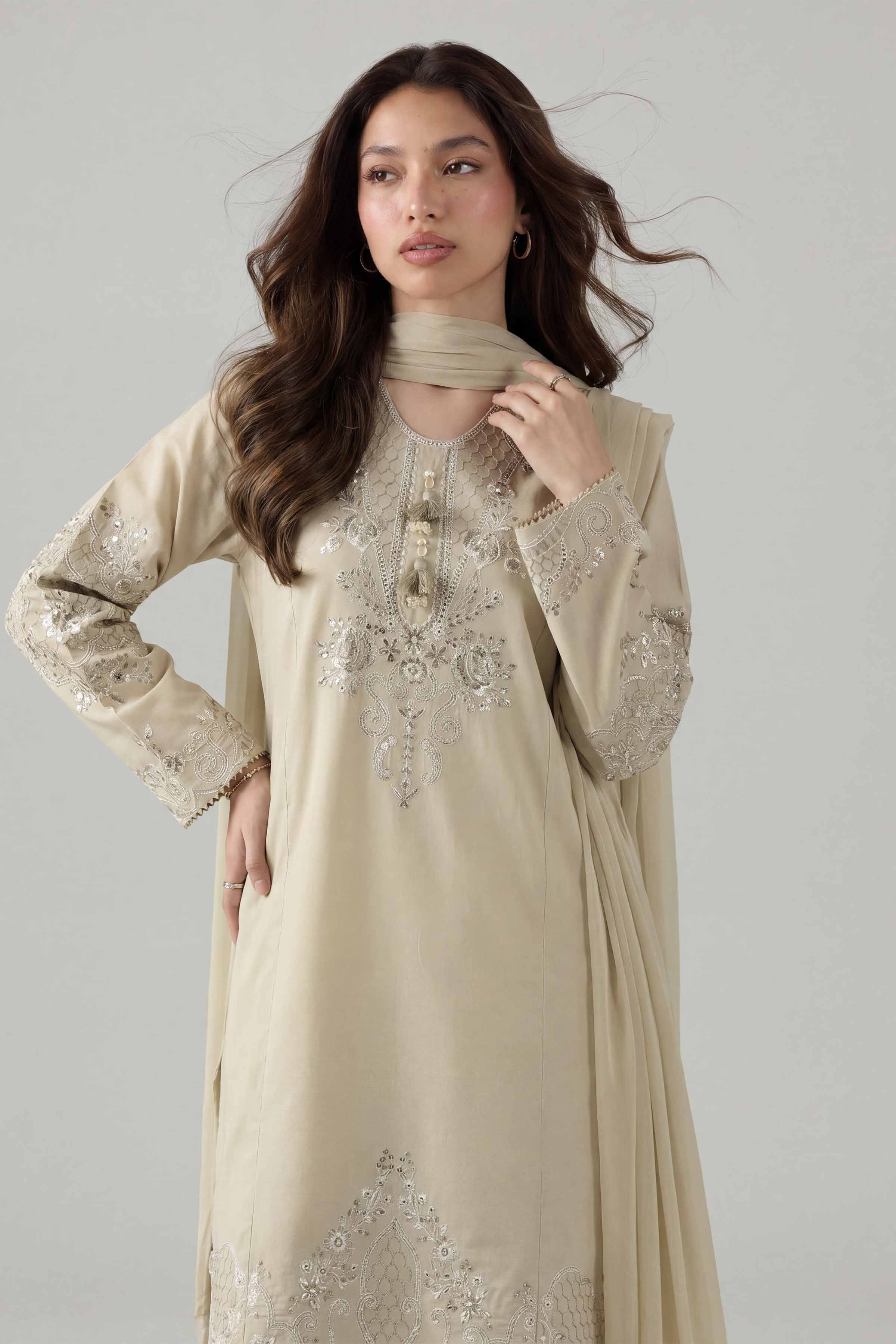 Nishat UK - Beige Embroidered Cambic 3 Pieces ready to wear Suit