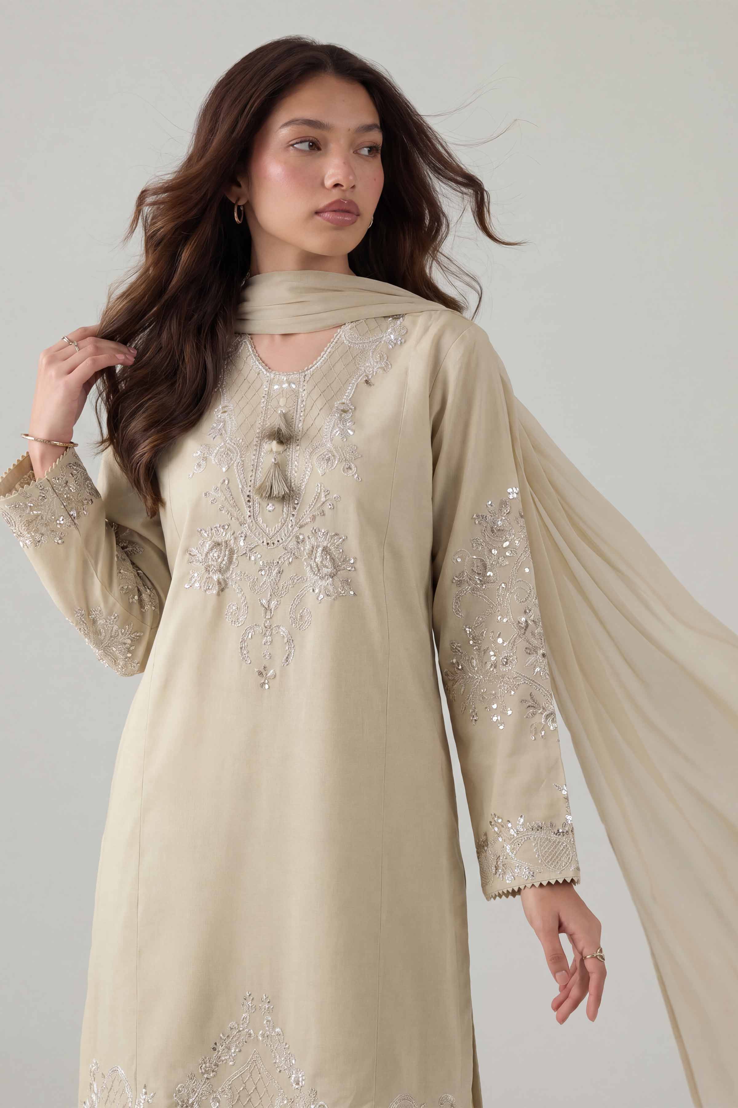 Nishat UK - Beige Embroidered Cambic 3 Pieces ready to wear Suit