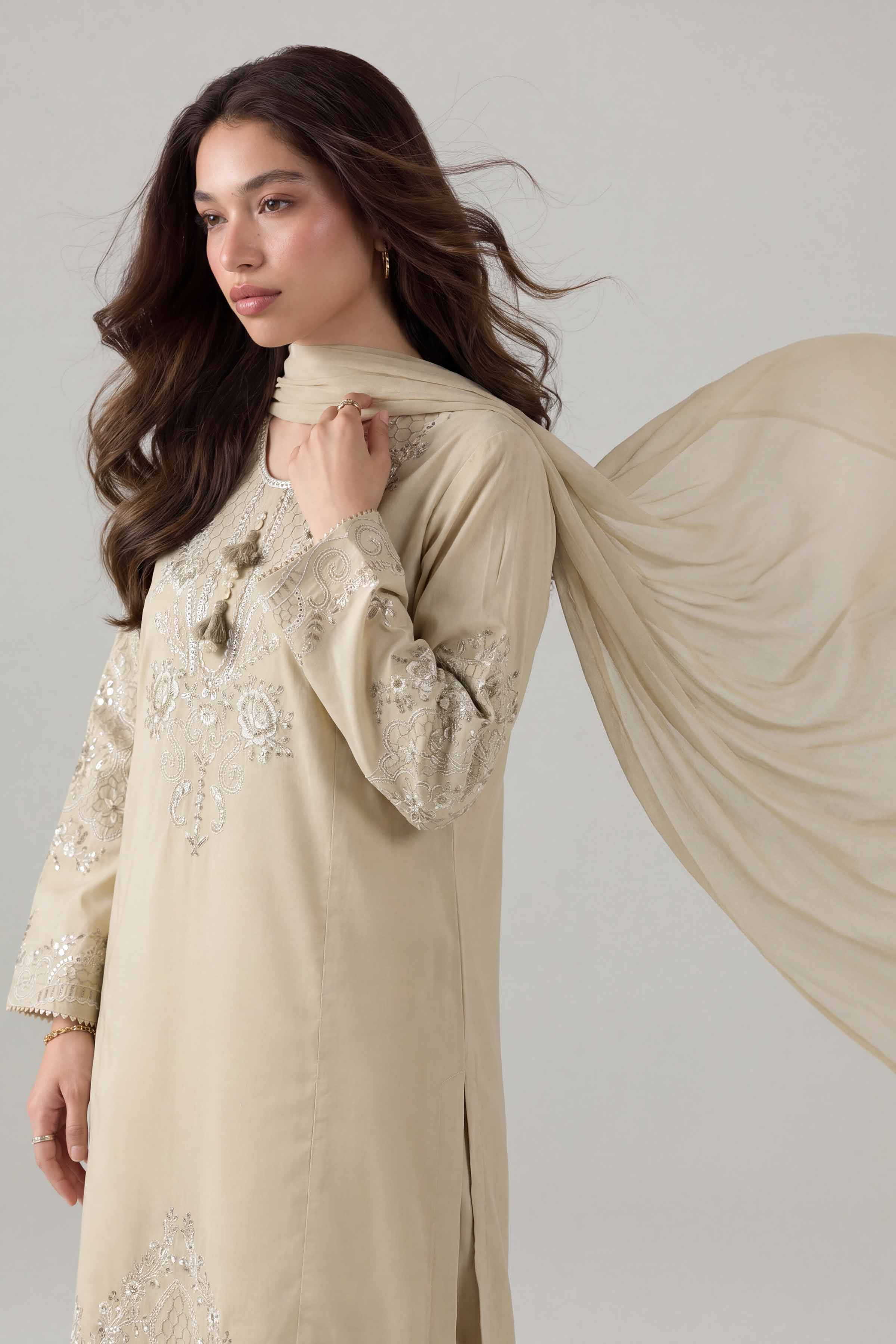 Nishat UK - Beige Embroidered Cambic 3 Pieces ready to wear Suit