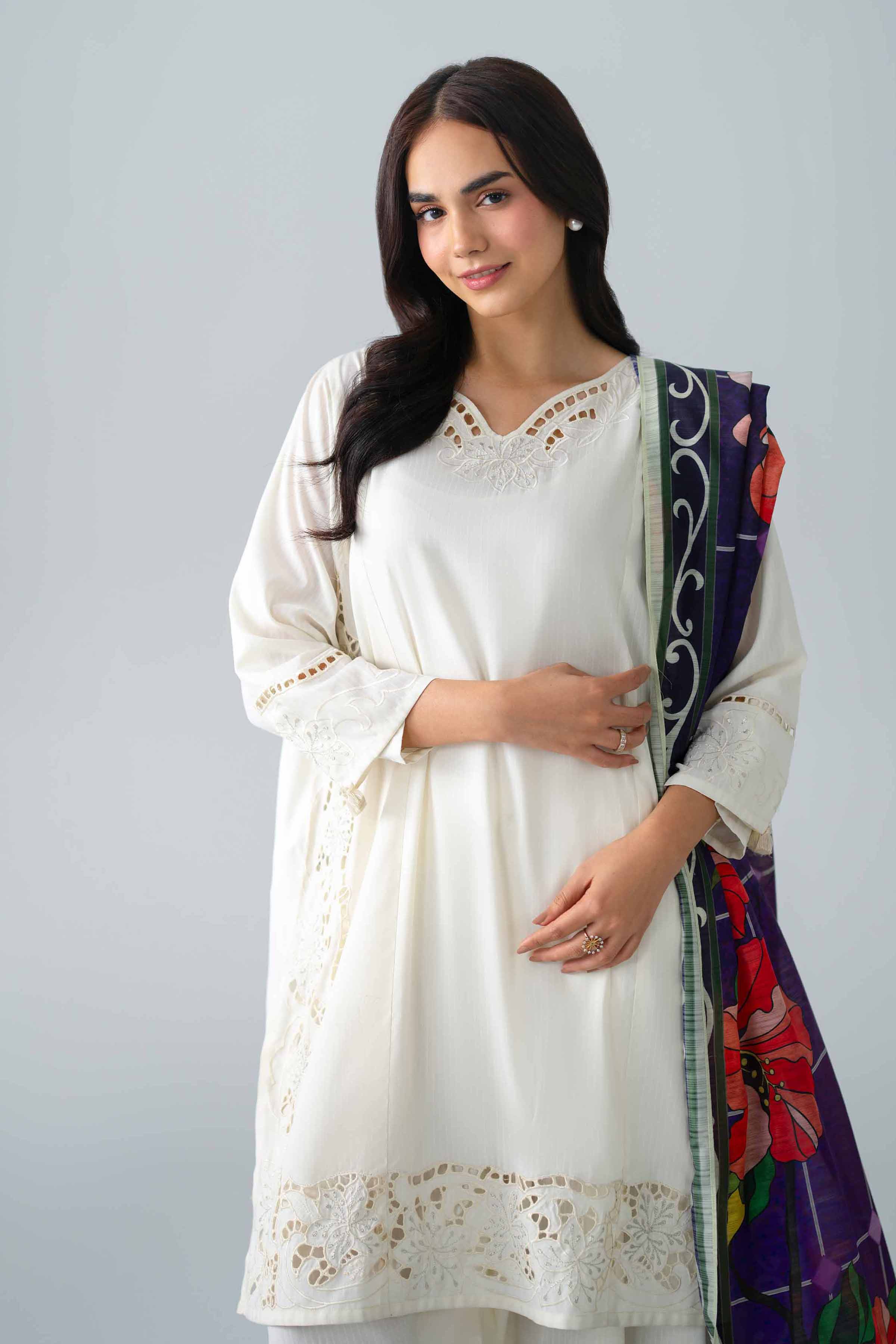 Nishat UK - Off White Embroidered Linen 3 Piece ready to wear Suit