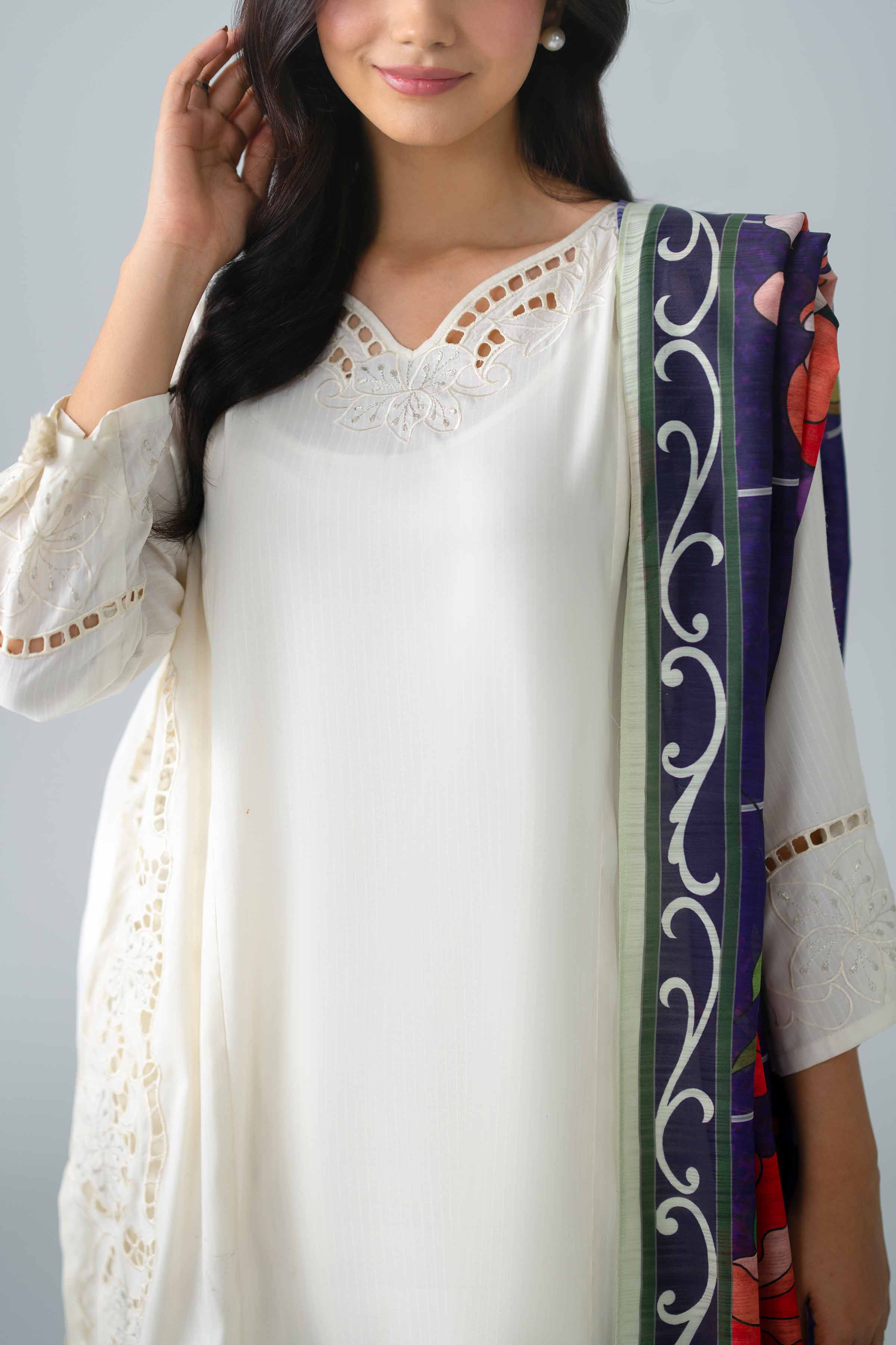 Nishat UK - Off White Embroidered Linen 3 Piece ready to wear Suit