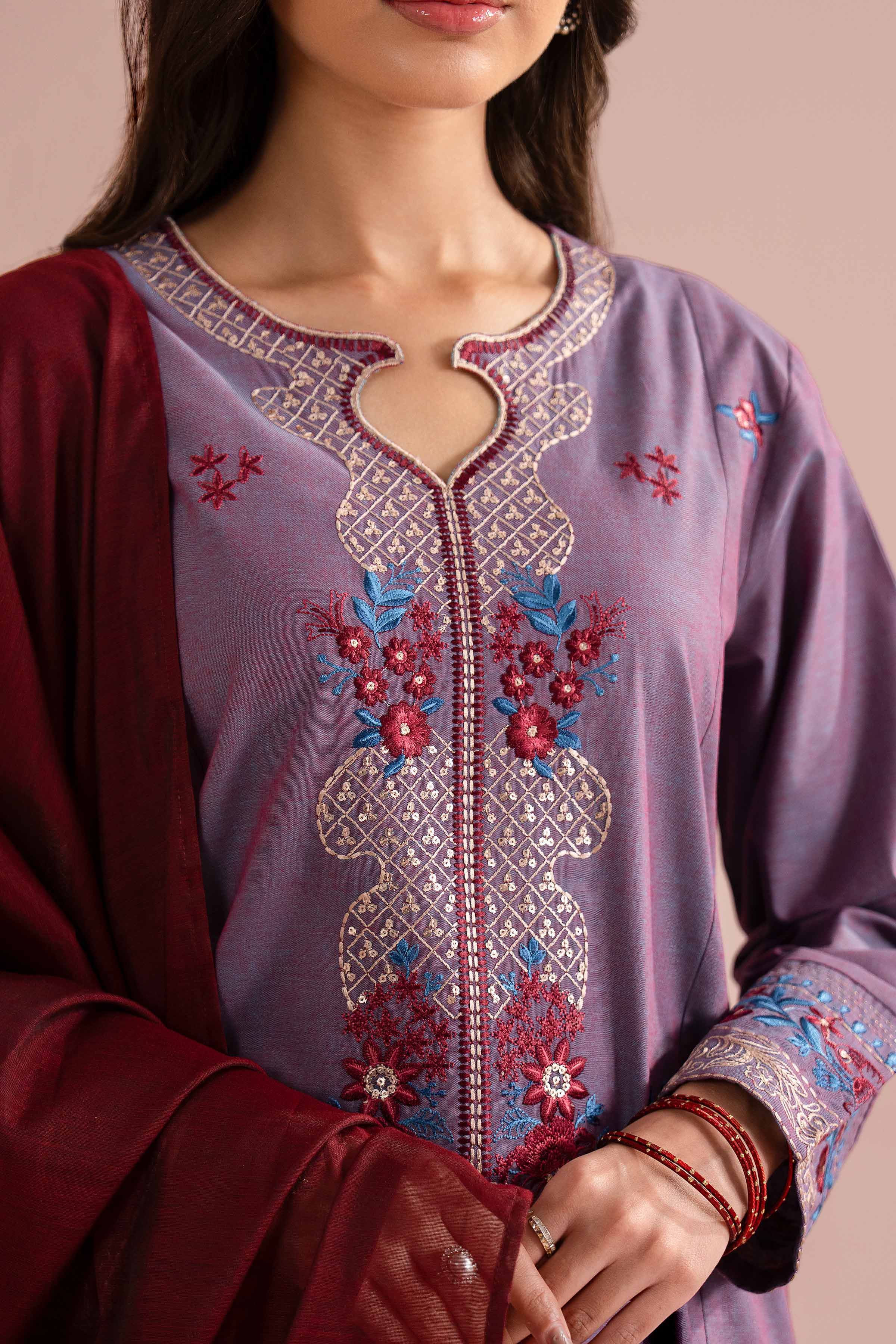 NishatUK - Purple Embroidered Yarn Dyed 3-piece ready to wear Suit