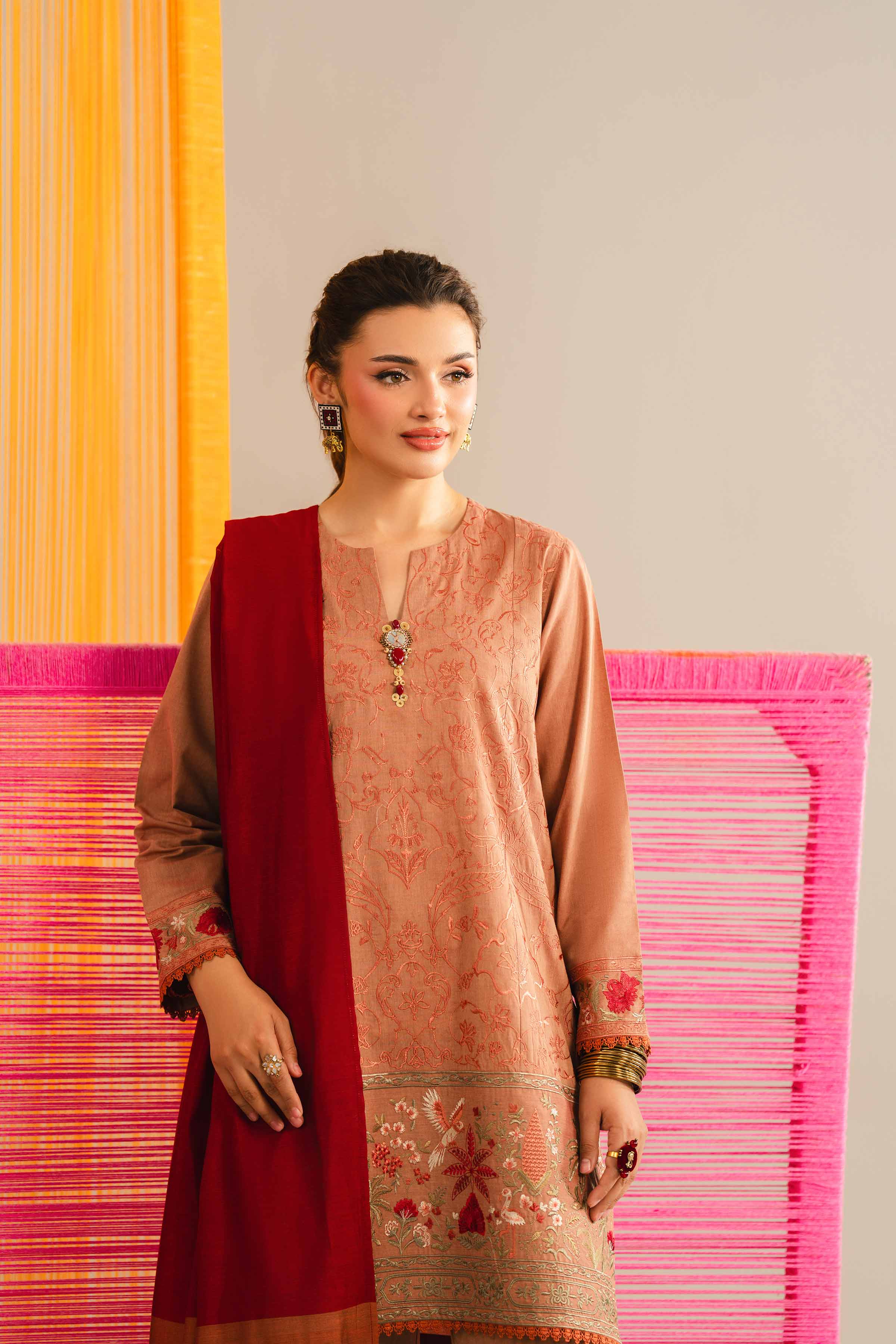 NishatUK - Orange Embroidered Yarn Dyed 3-piece ready to wear Suit