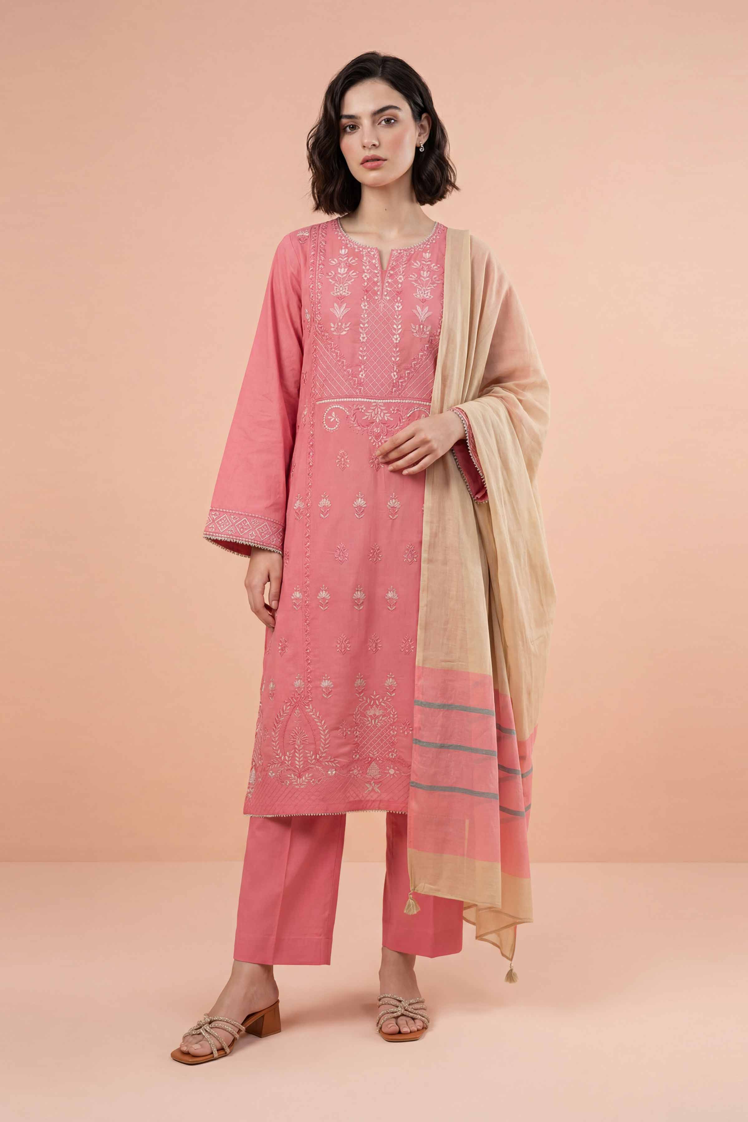NishatUK - Pink Embroidered Yarn Dyed 3-piece ready to wear Suit