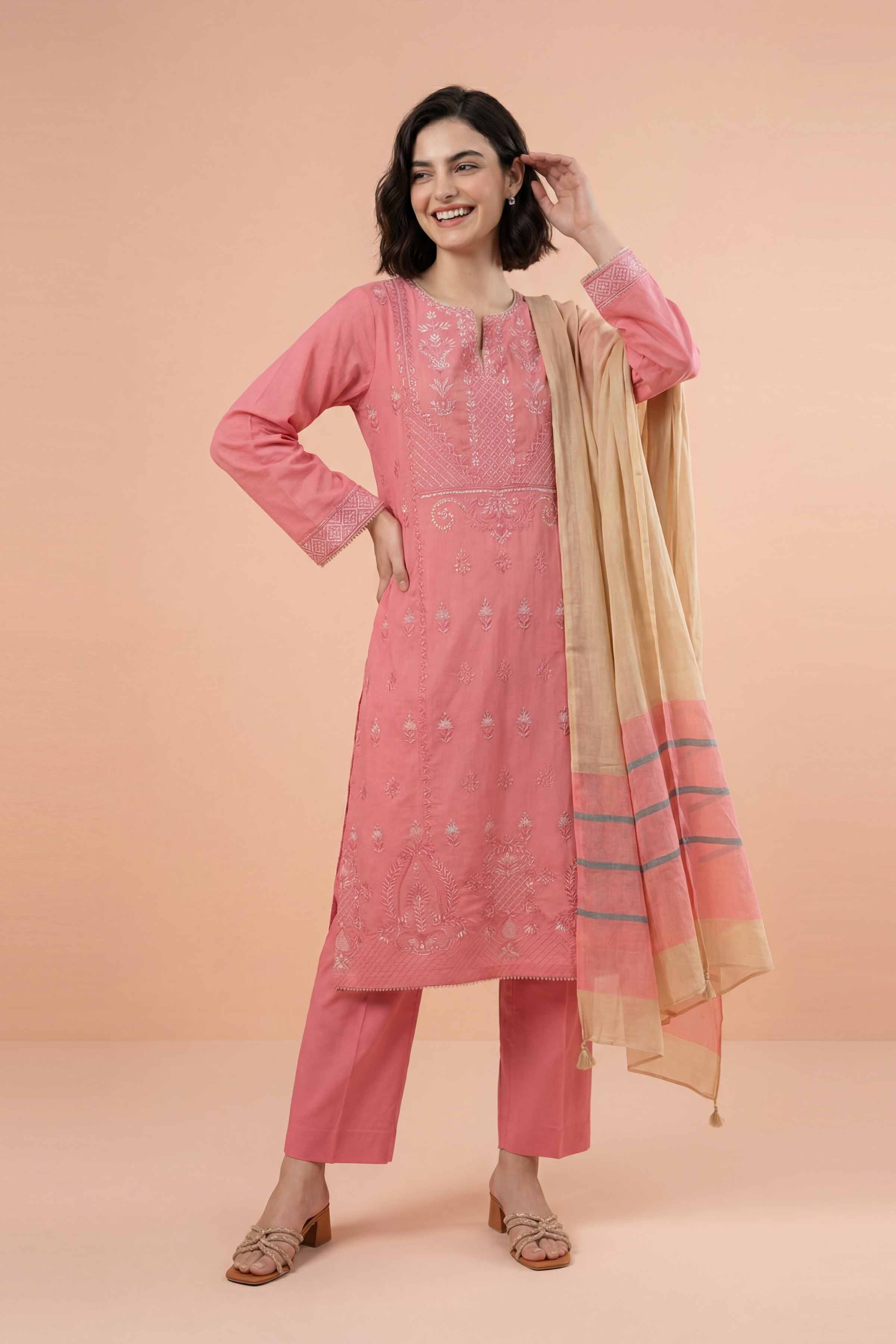 NishatUK - Pink Embroidered Yarn Dyed 3-piece ready to wear Suit