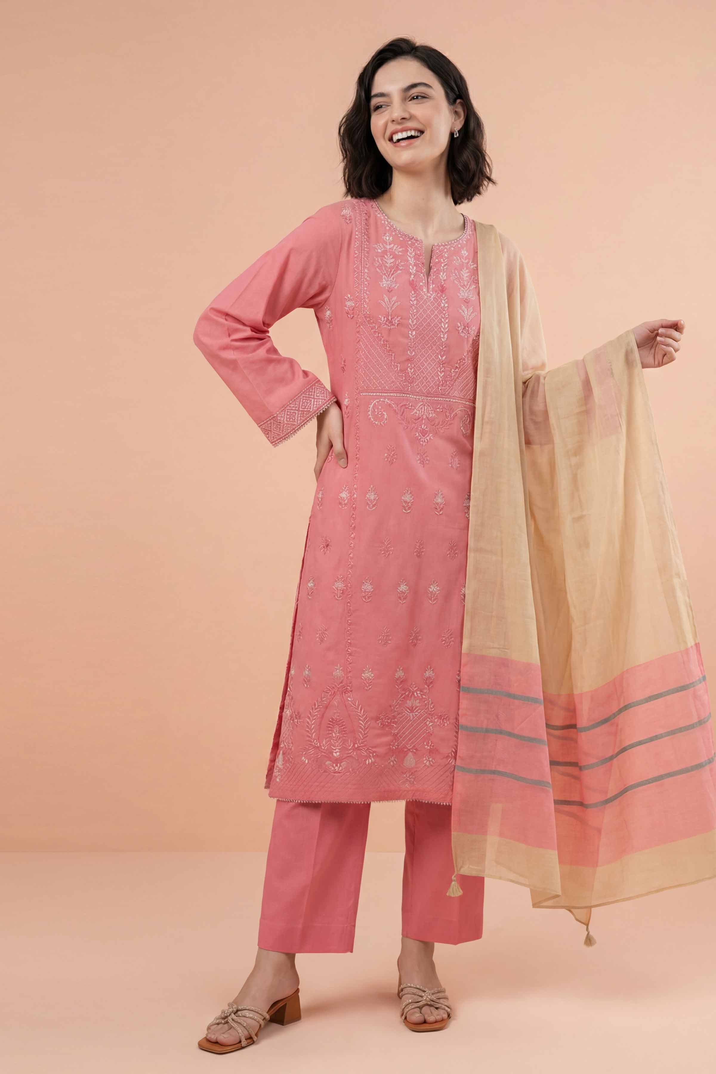 NishatUK - Pink Embroidered Yarn Dyed 3-piece ready to wear Suit