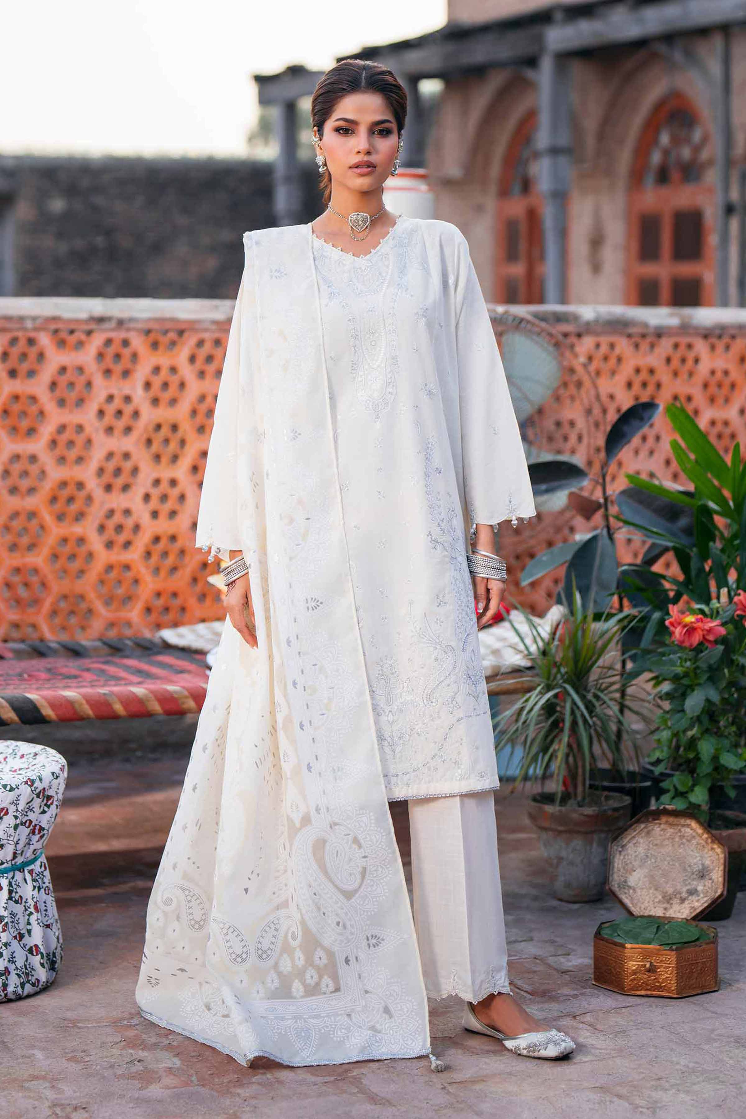 NishatUK - Off White Embroidered Cross Hatch 3-piece ready to wear Suit