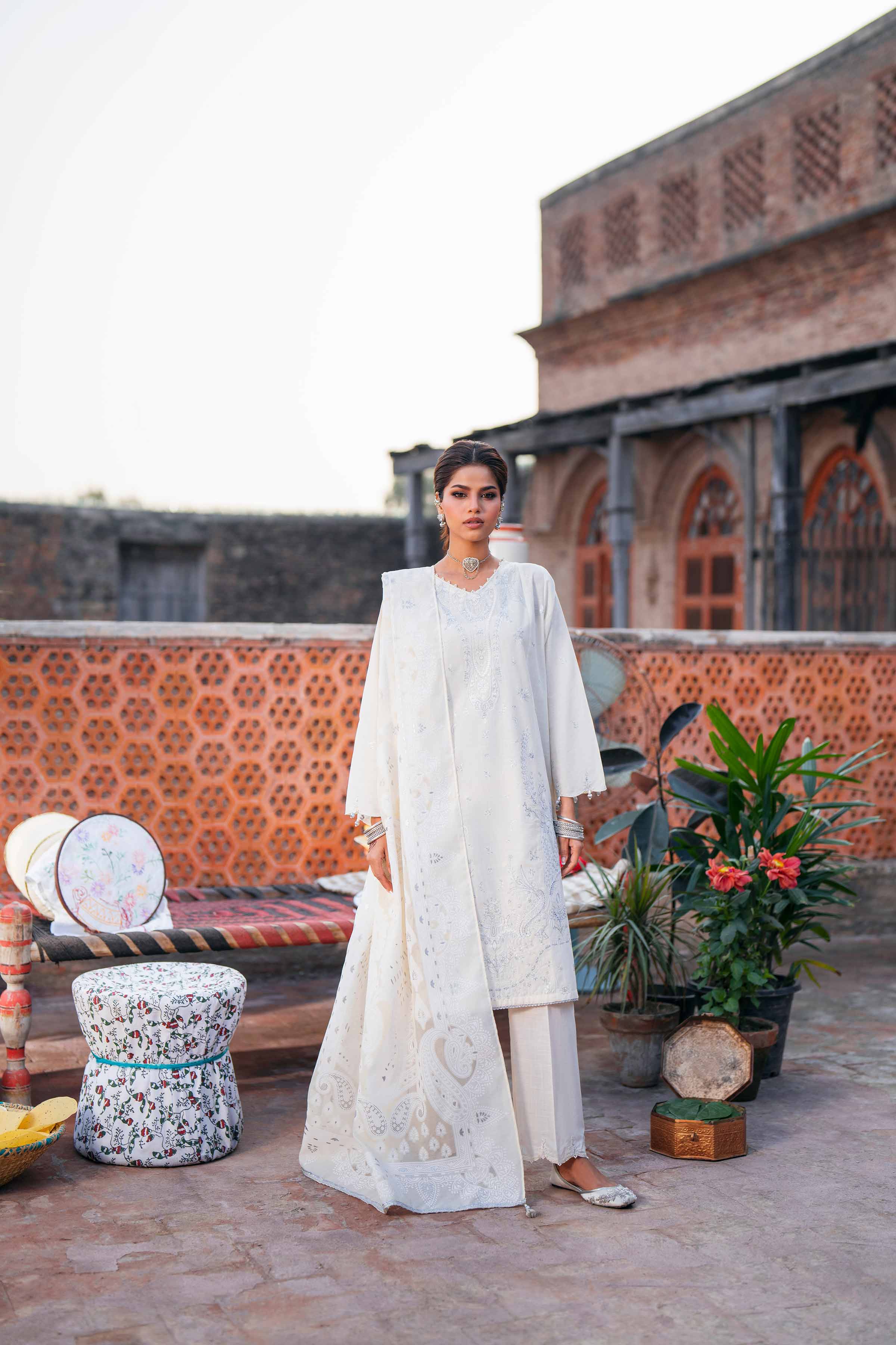 NishatUK - Off White Embroidered Cross Hatch 3-piece ready to wear Suit