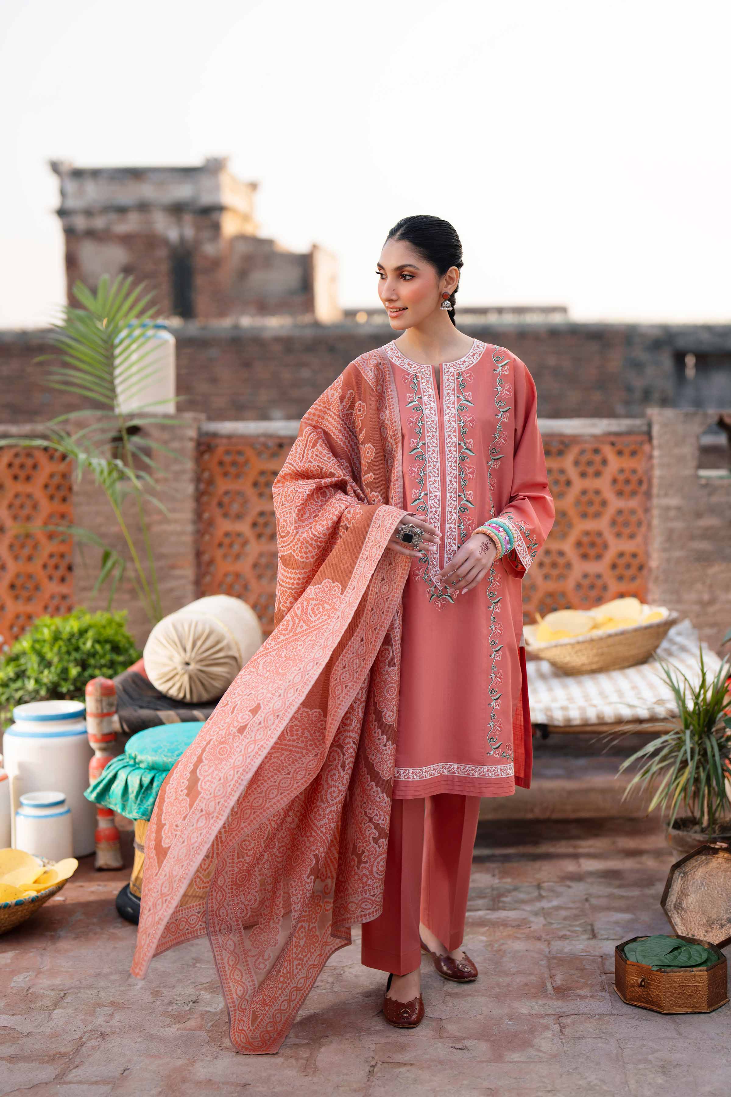 NishatUK - Orange Embroidered Cross Hatch 3-piece ready to wear Suit