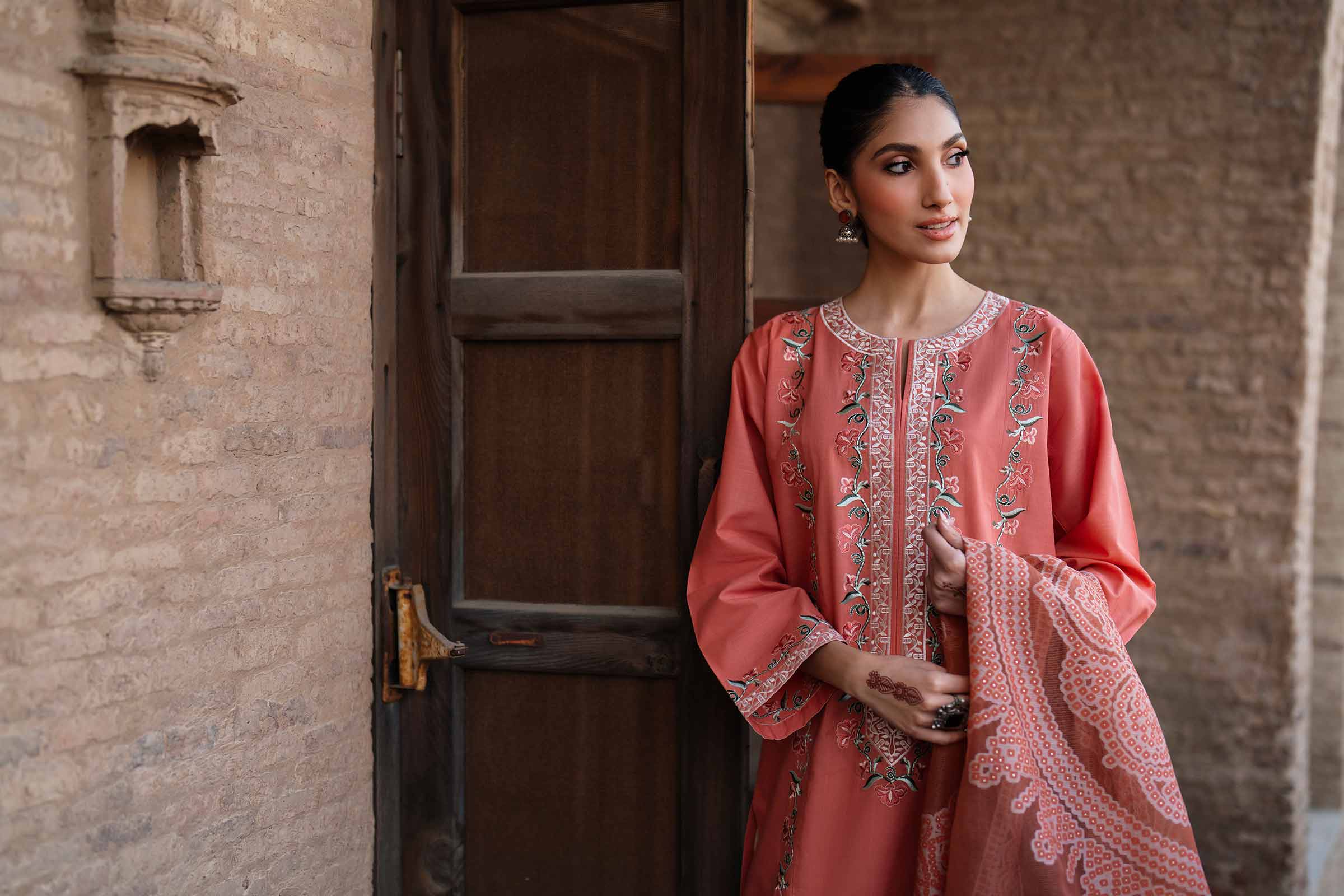 NishatUK - Orange Embroidered Cross Hatch 3-piece ready to wear Suit
