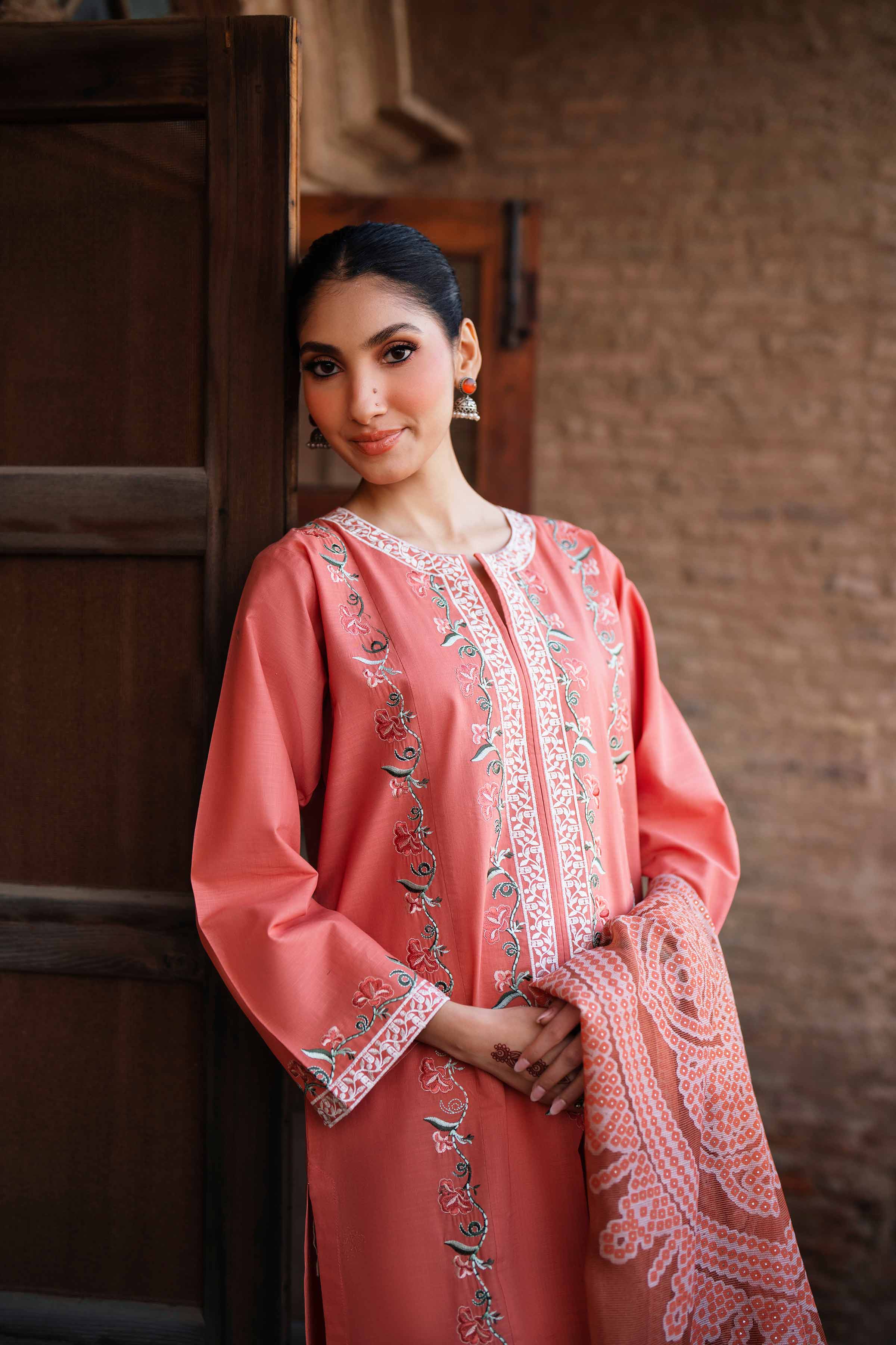 NishatUK - Orange Embroidered Cross Hatch 3-piece ready to wear Suit