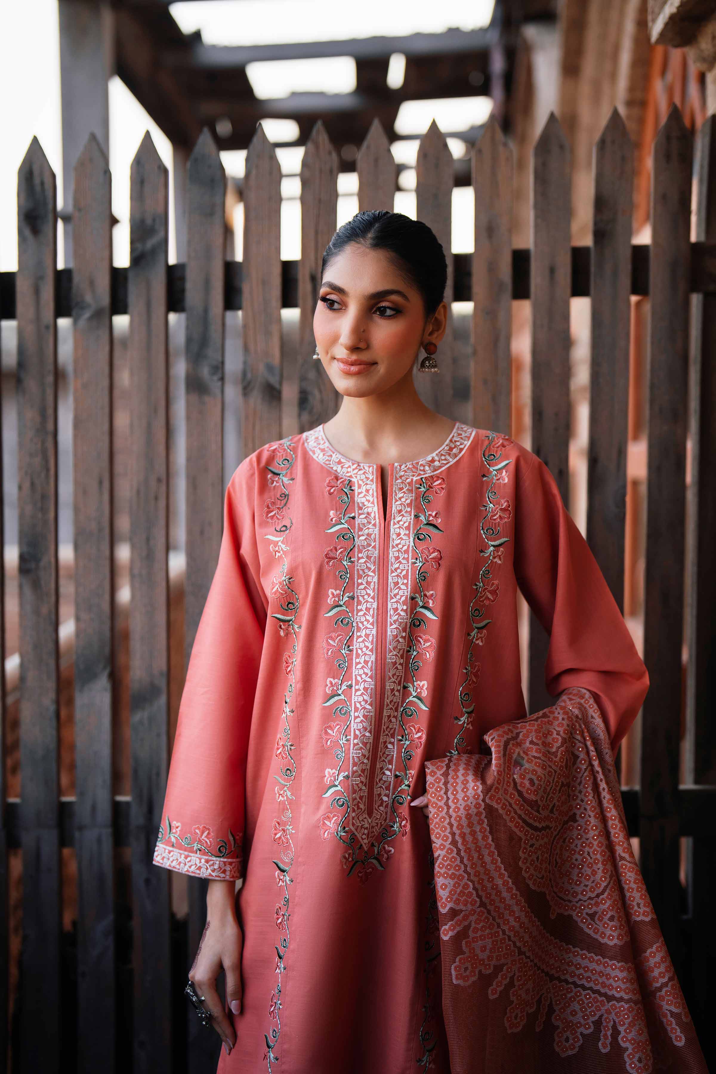 NishatUK - Orange Embroidered Cross Hatch 3-piece ready to wear Suit
