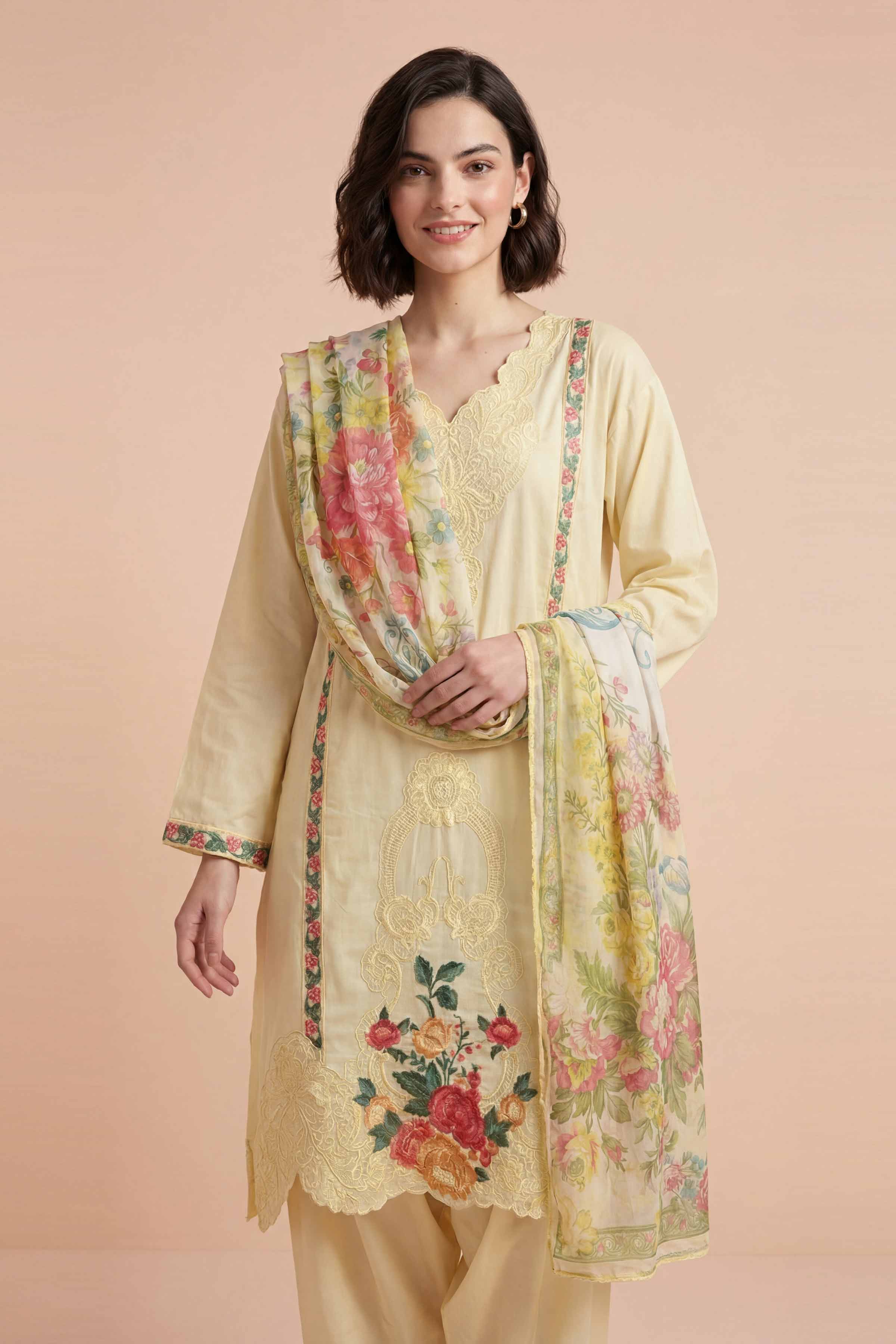 NishatUK - Yellow Embroidered Cotton 3-piece ready to wear Suit