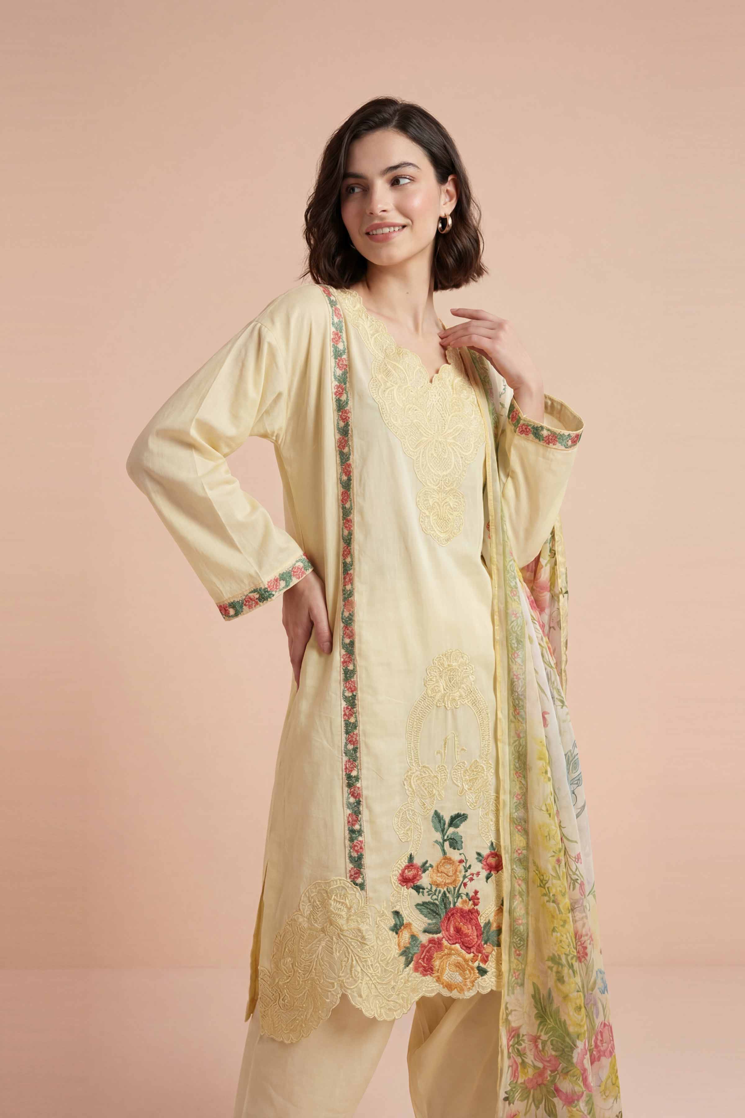 NishatUK - Yellow Embroidered Cotton 3-piece ready to wear Suit