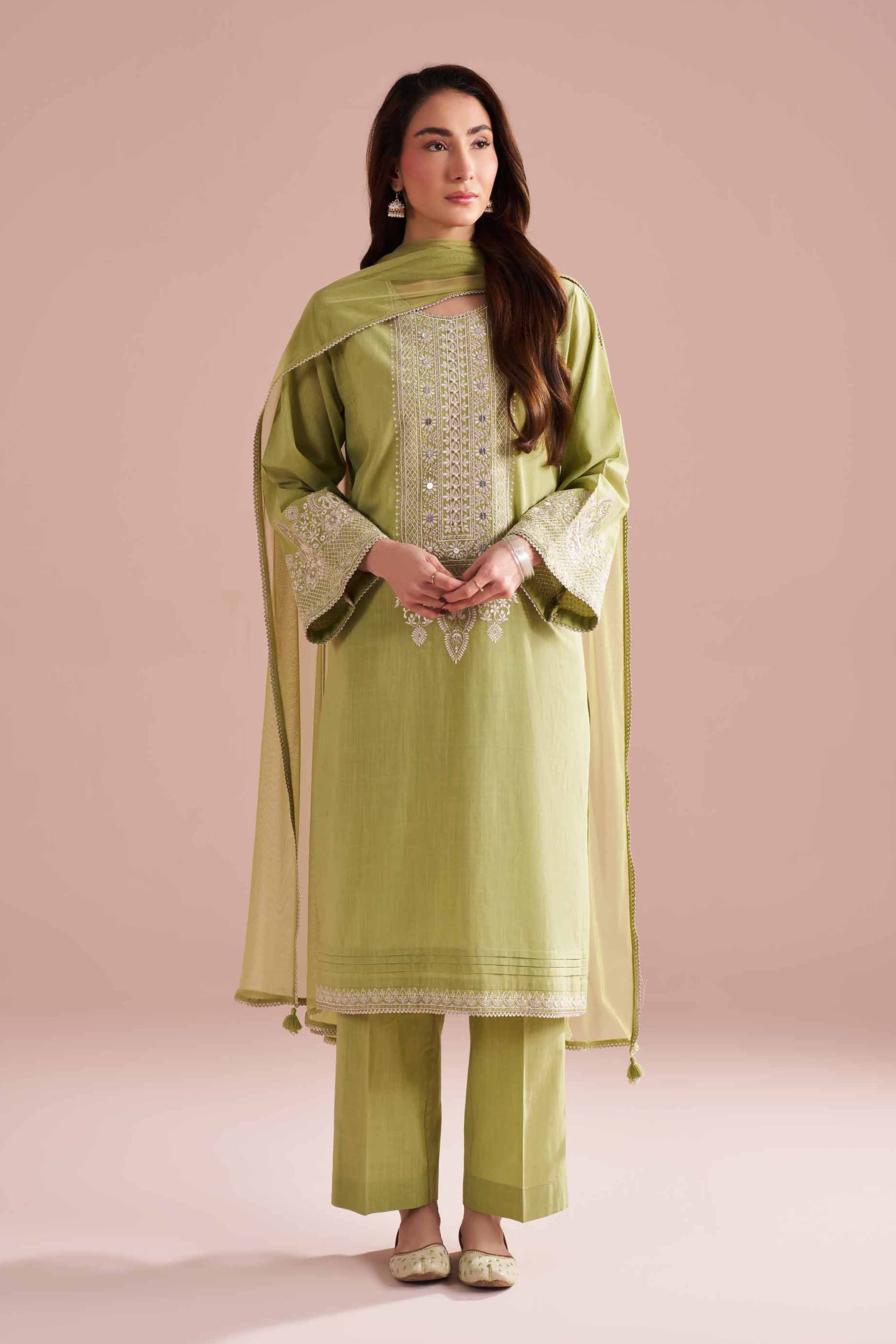 NishatUK - Green Embroidered Cross Hatch 3-piece ready to wear Suit
