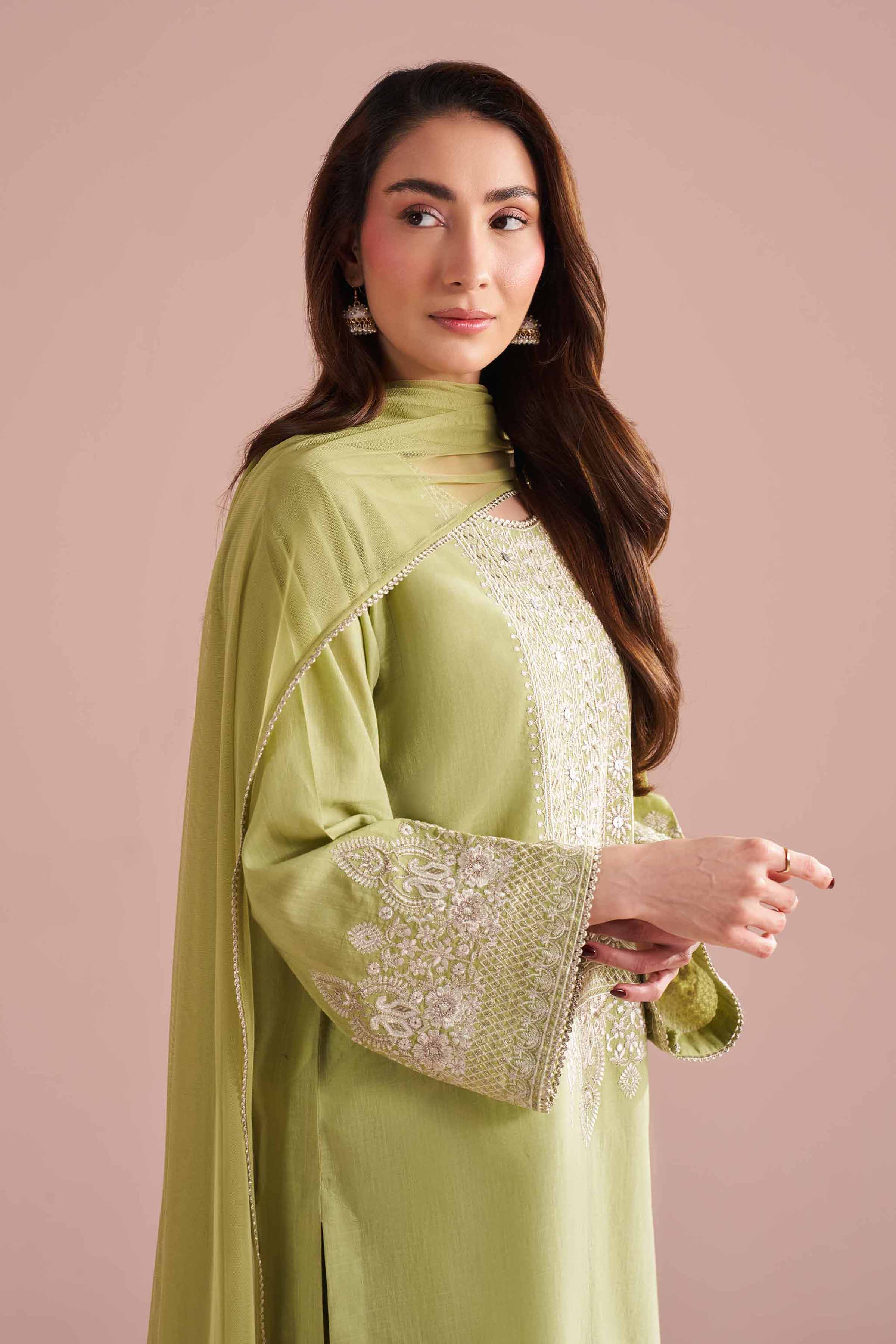 NishatUK - Green Embroidered Cross Hatch 3-piece ready to wear Suit