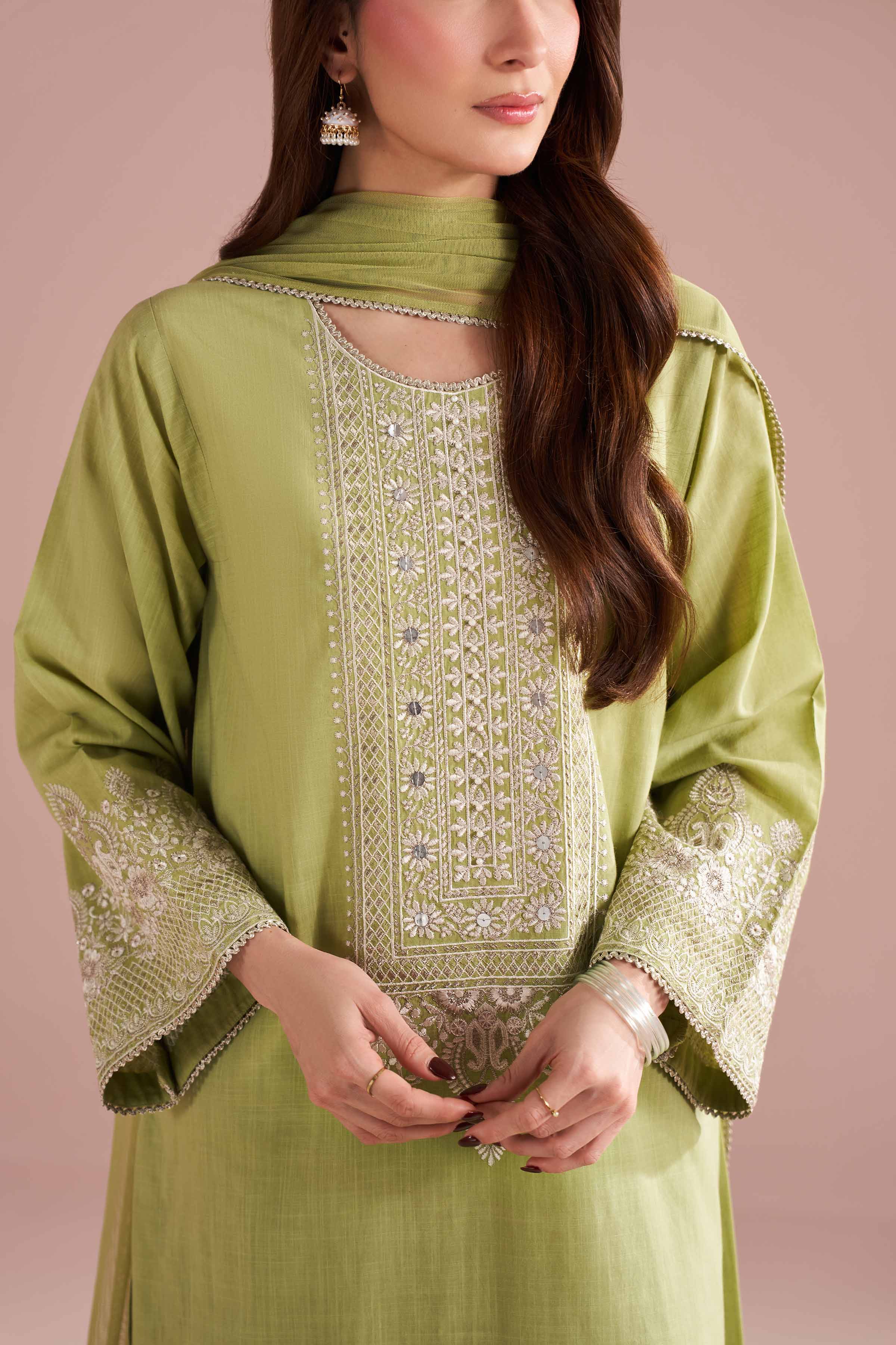 NishatUK - Green Embroidered Cross Hatch 3-piece ready to wear Suit