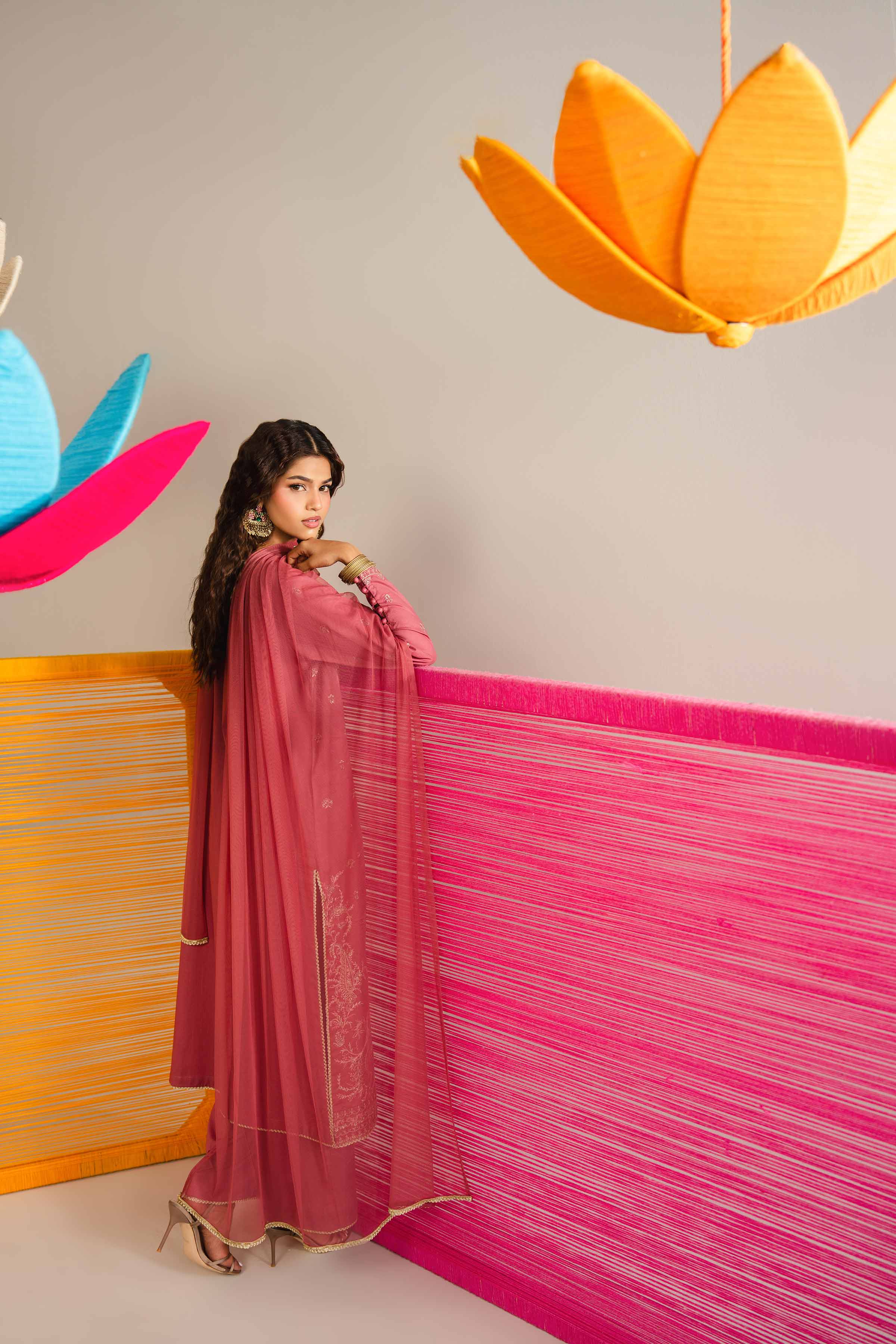 NishatUK - Pink Embroidered Cross Hatch 3-piece ready to wear Suit