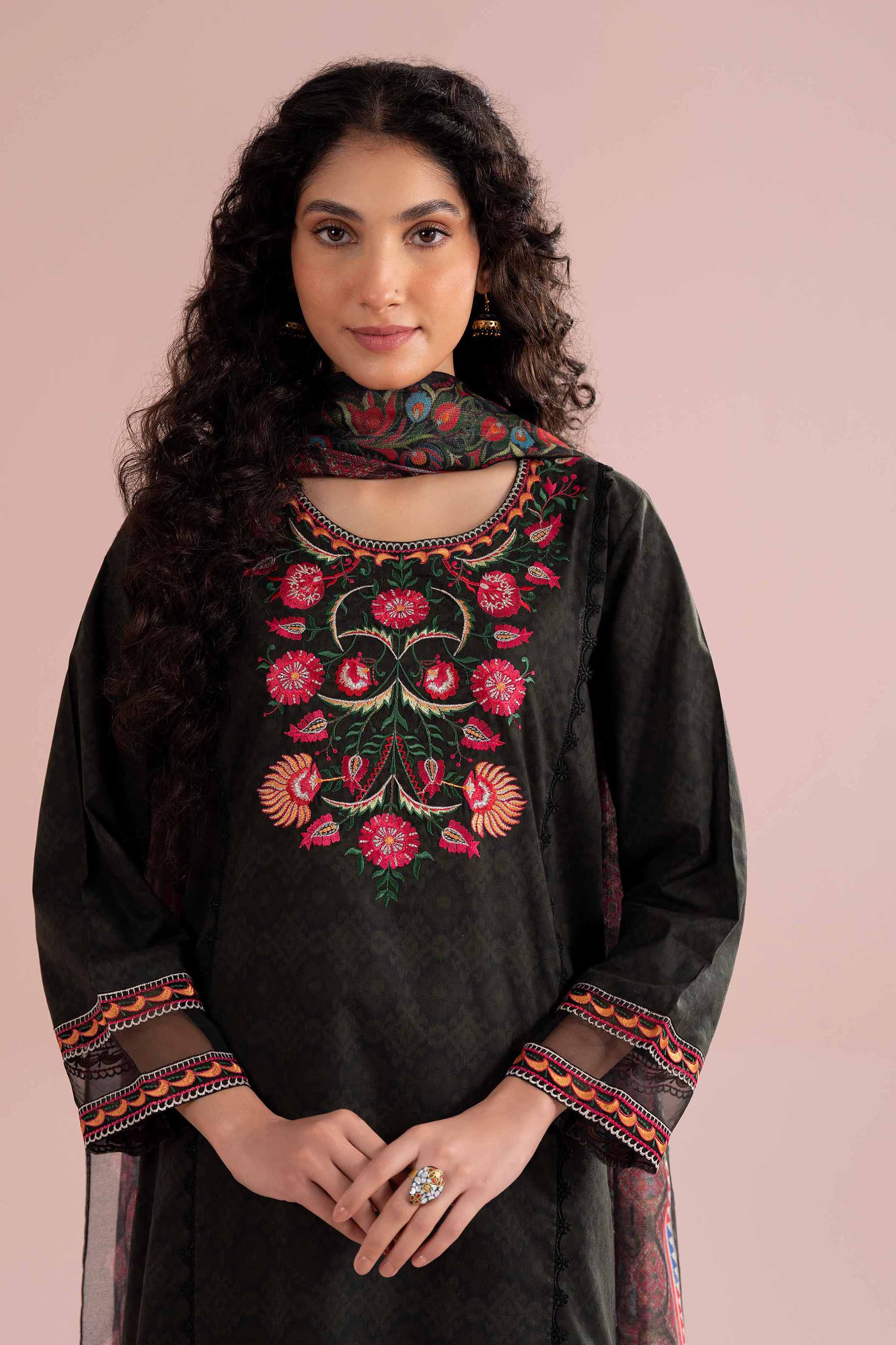 NishatUK - Black Embroidered Lawn 3-piece ready to wear Suit